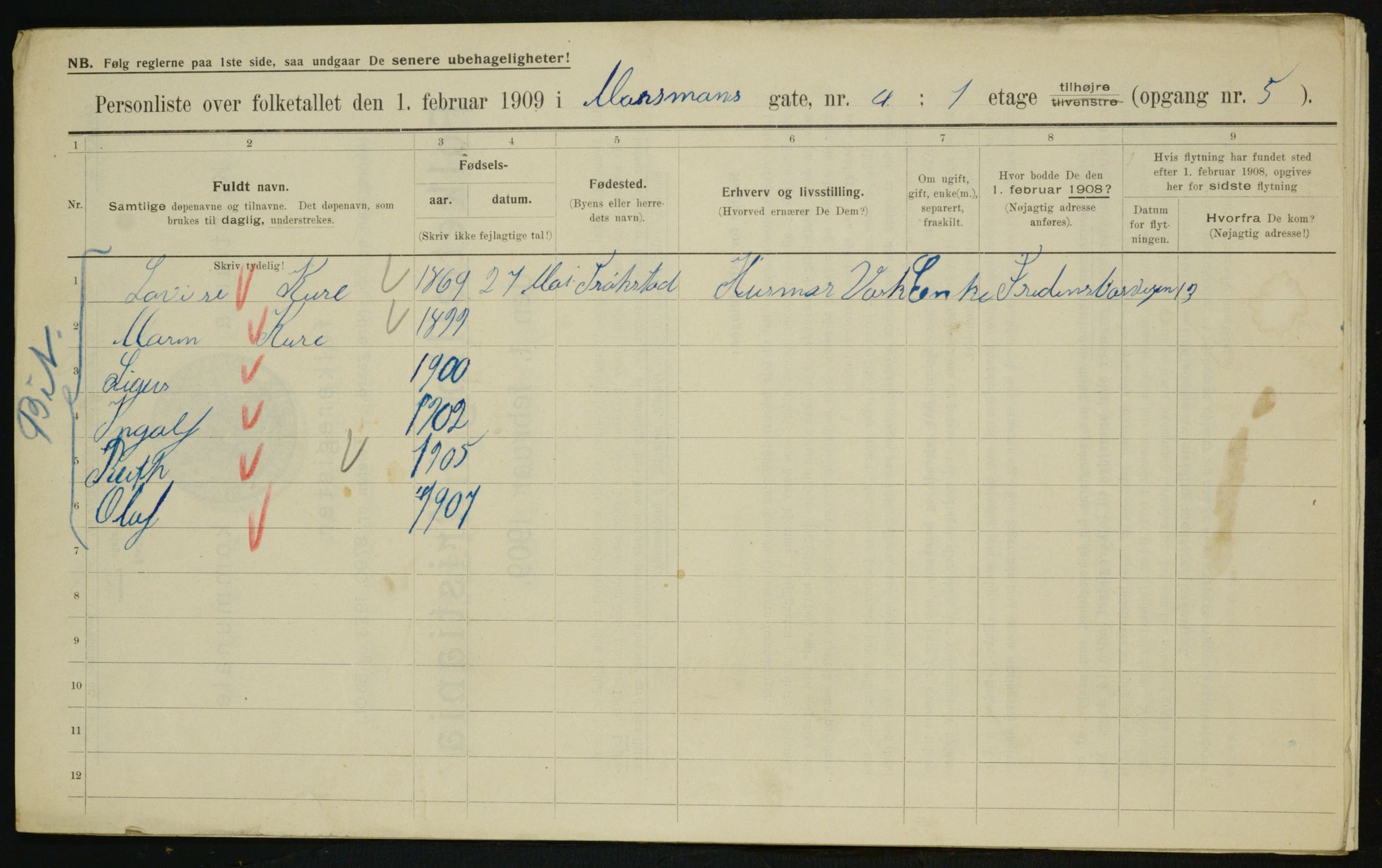 OBA, Municipal Census 1909 for Kristiania, 1909, p. 58777