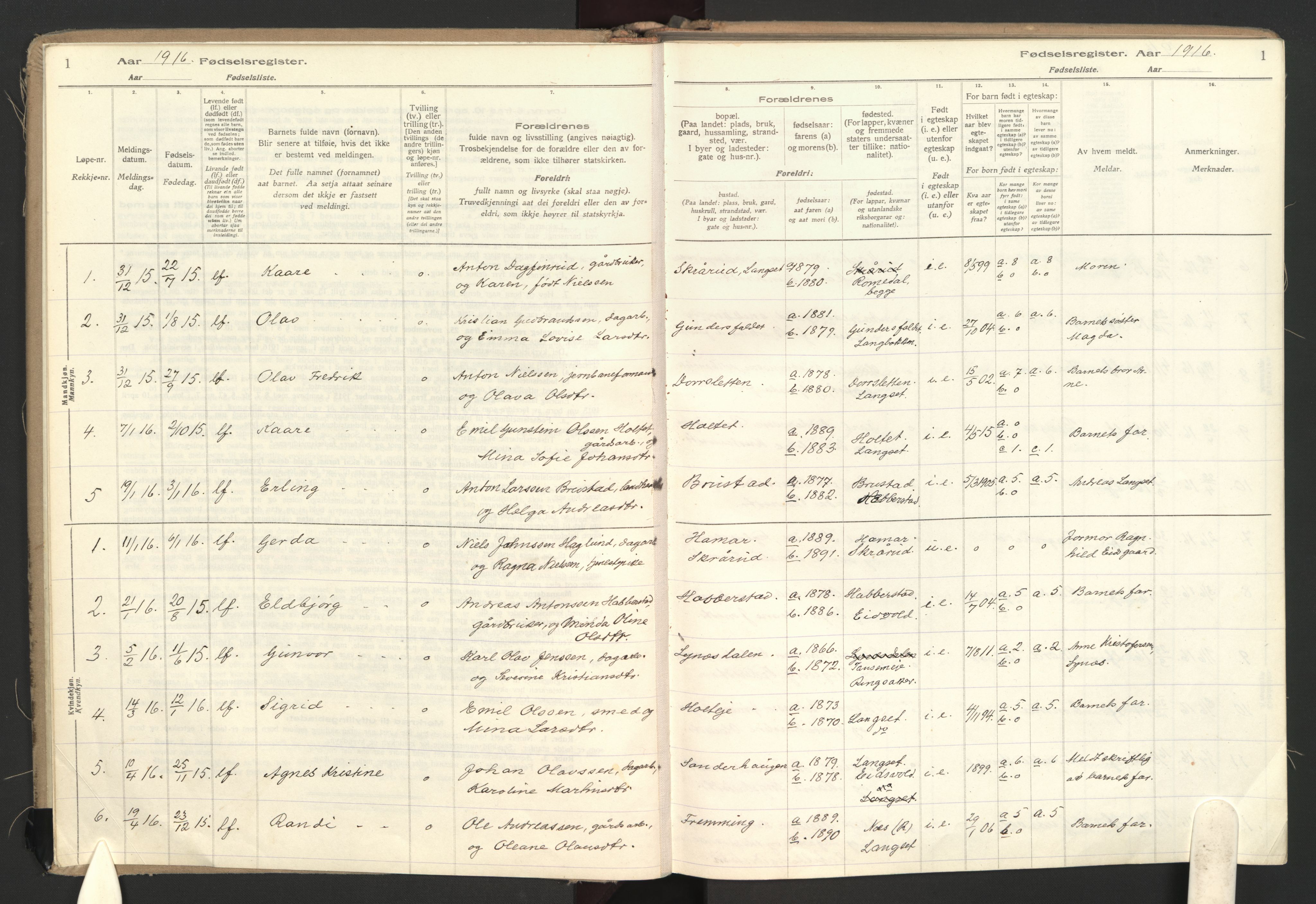 Eidsvoll prestekontor Kirkebøker, SAO/A-10888: Birth register no. II 1, 1916-1959, p. 1