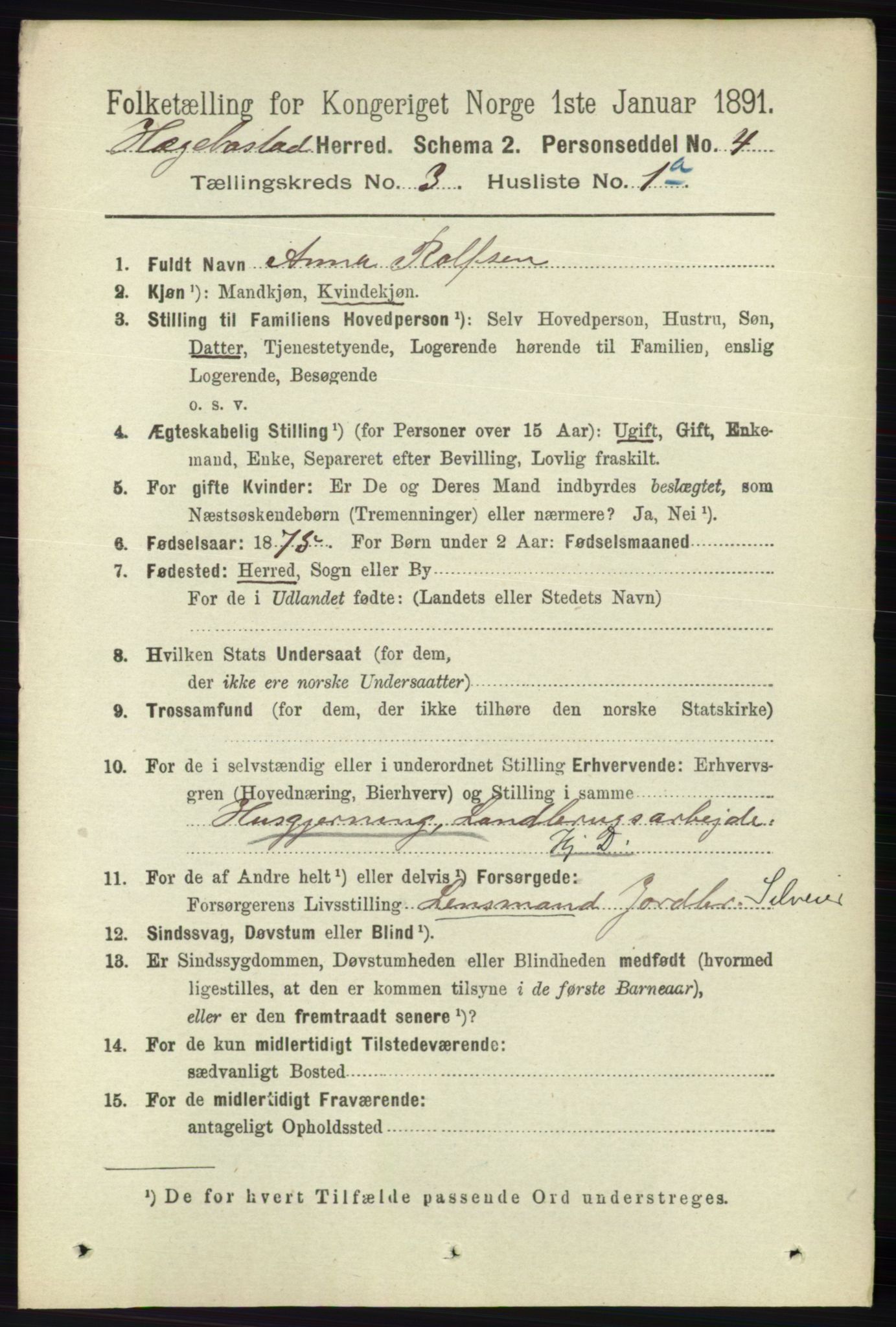 RA, 1891 census for 1034 Hægebostad, 1891, p. 879