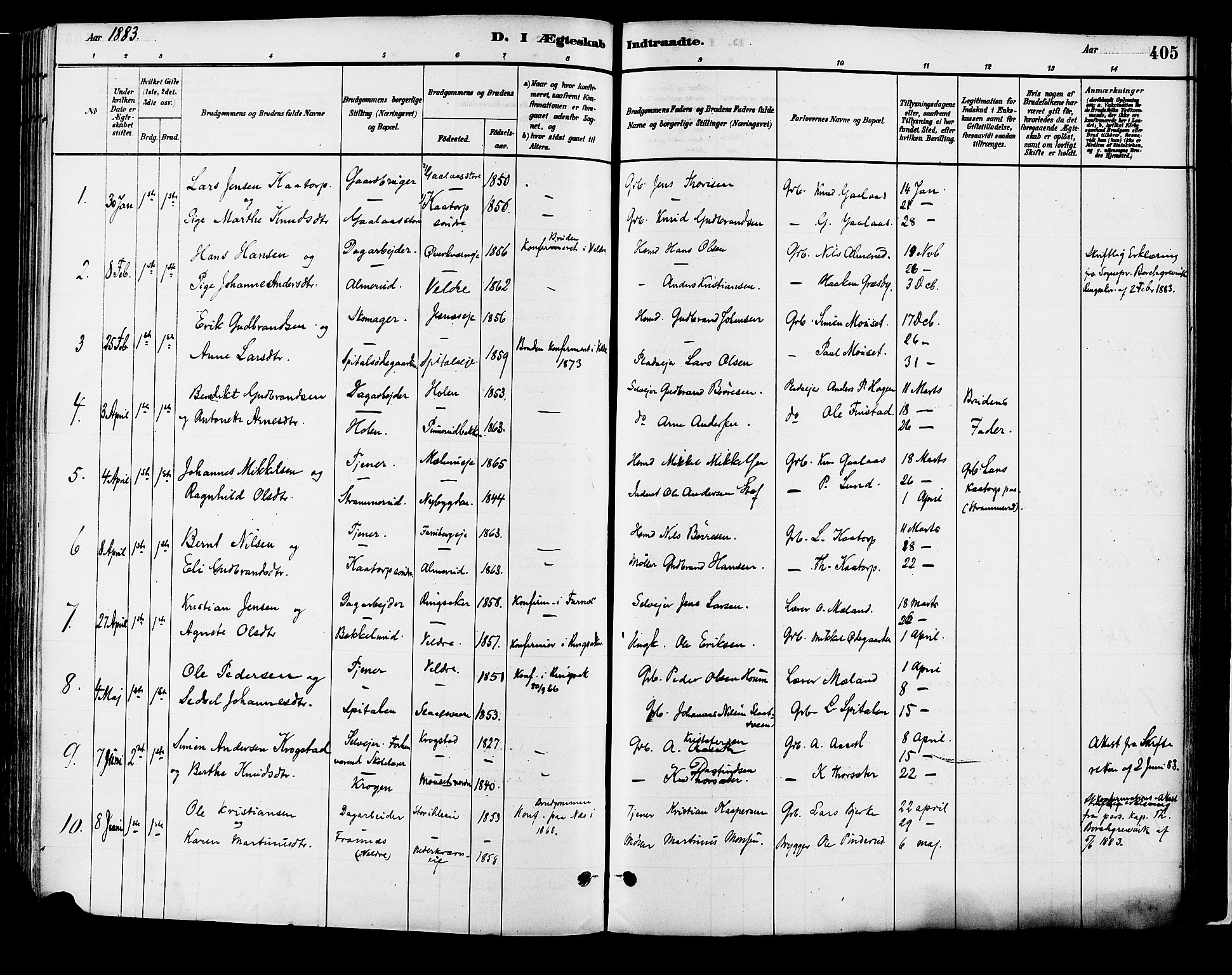 Vang prestekontor, Hedmark, SAH/PREST-008/H/Ha/Haa/L0018B: Parish register (official) no. 18B, 1880-1906, p. 405