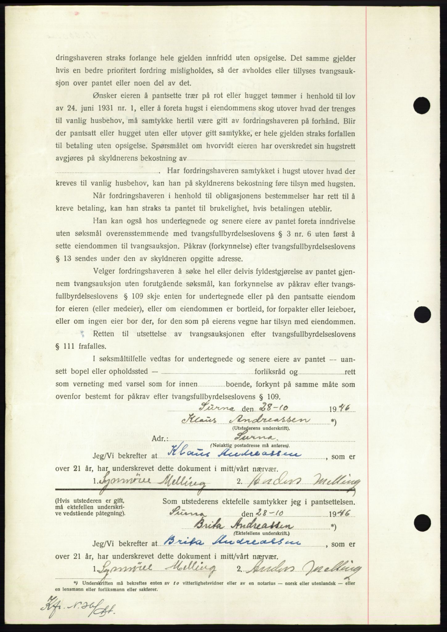 Nordmøre sorenskriveri, AV/SAT-A-4132/1/2/2Ca: Mortgage book no. B95, 1946-1947, Diary no: : 2399/1946