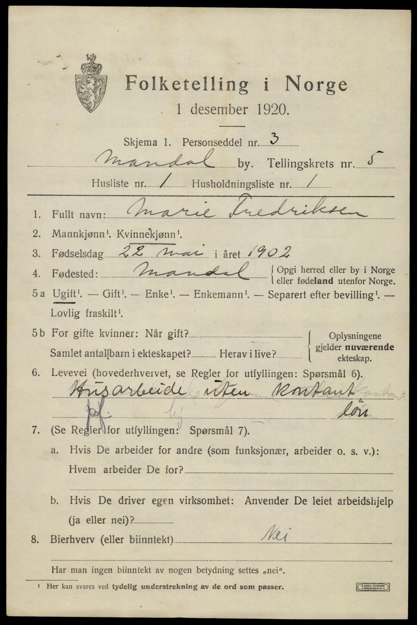 SAK, 1920 census for Mandal, 1920, p. 8205