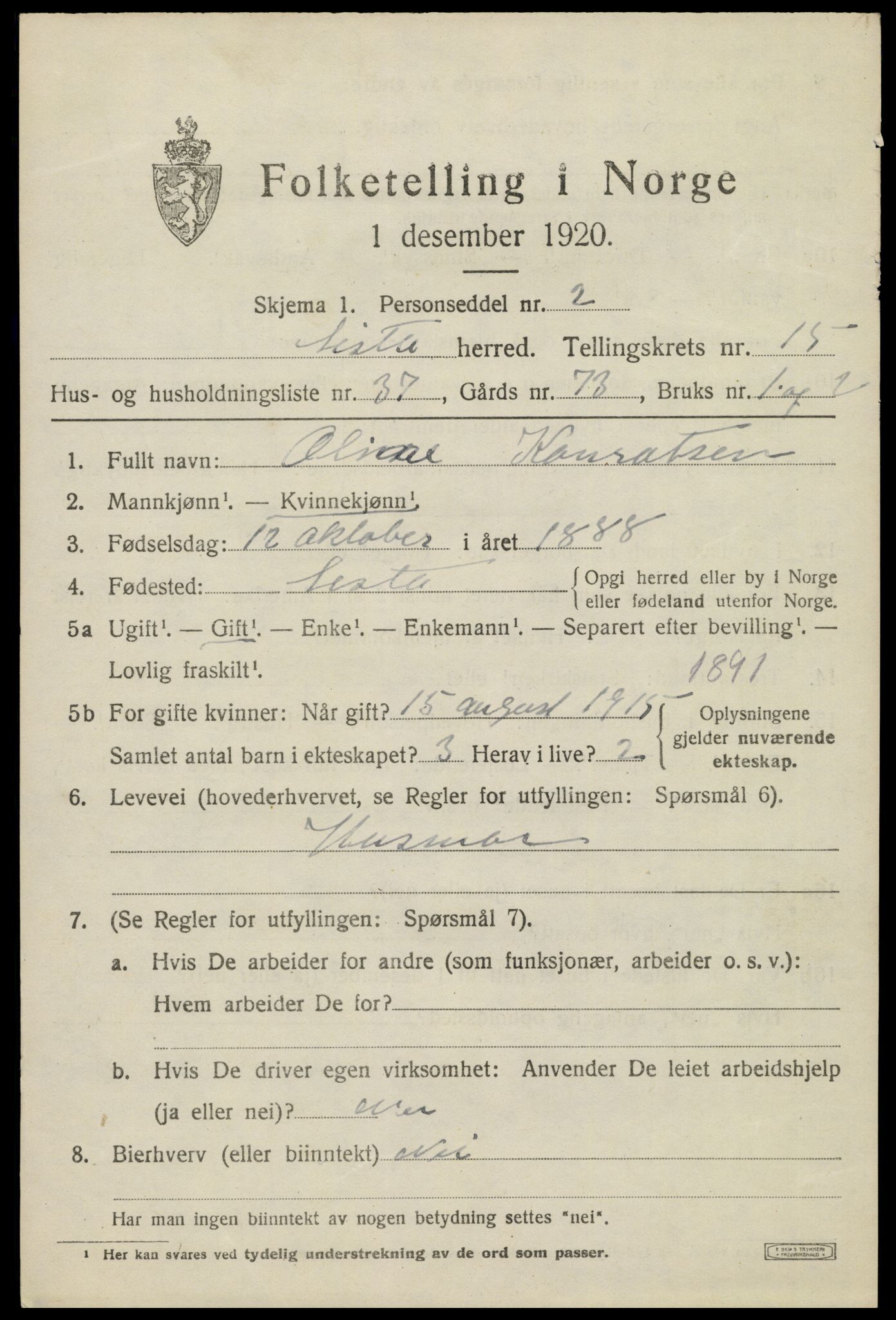 SAK, 1920 census for Lista, 1920, p. 12905