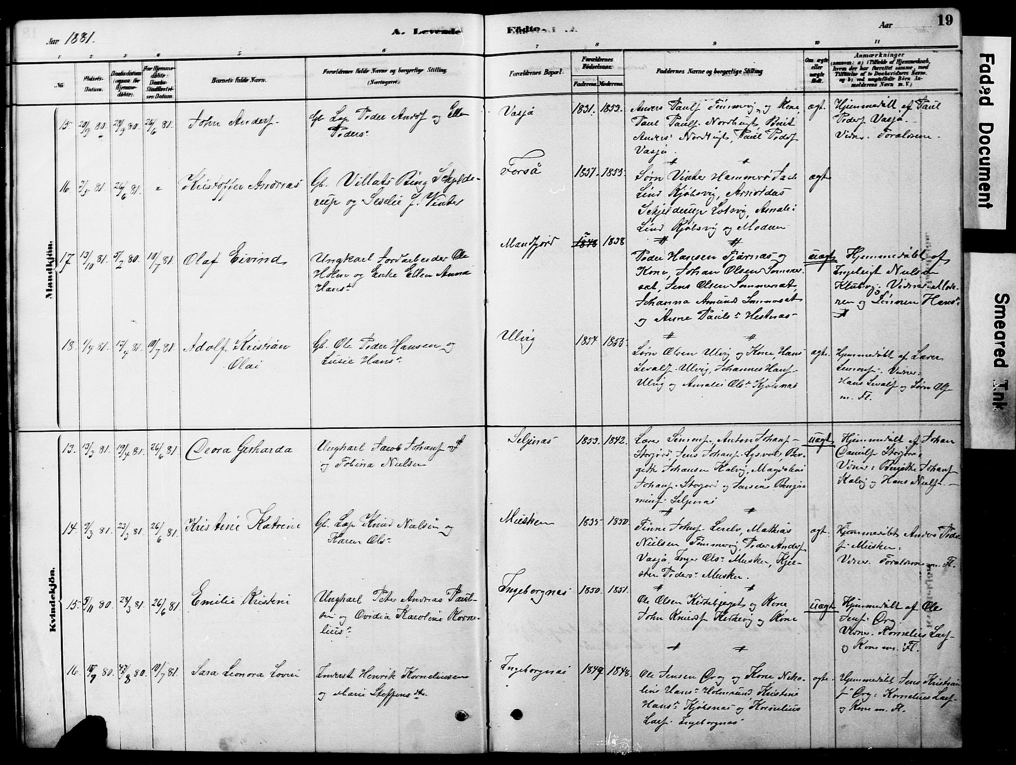 Ministerialprotokoller, klokkerbøker og fødselsregistre - Nordland, AV/SAT-A-1459/861/L0875: Parish register (copy) no. 861C01, 1879-1887, p. 19