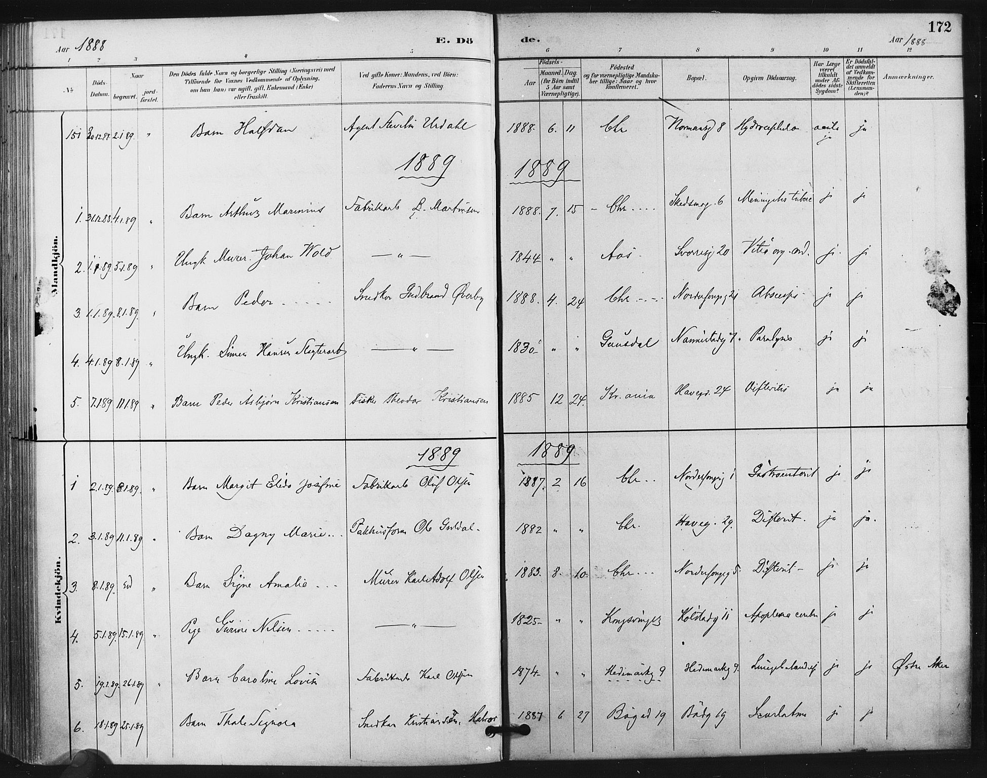 Kampen prestekontor Kirkebøker, AV/SAO-A-10853/F/Fa/L0004: Parish register (official) no. I 4, 1885-1892, p. 172