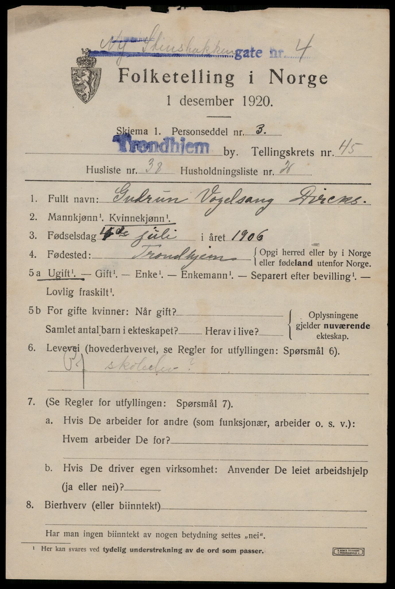 SAT, 1920 census for Trondheim, 1920, p. 97600