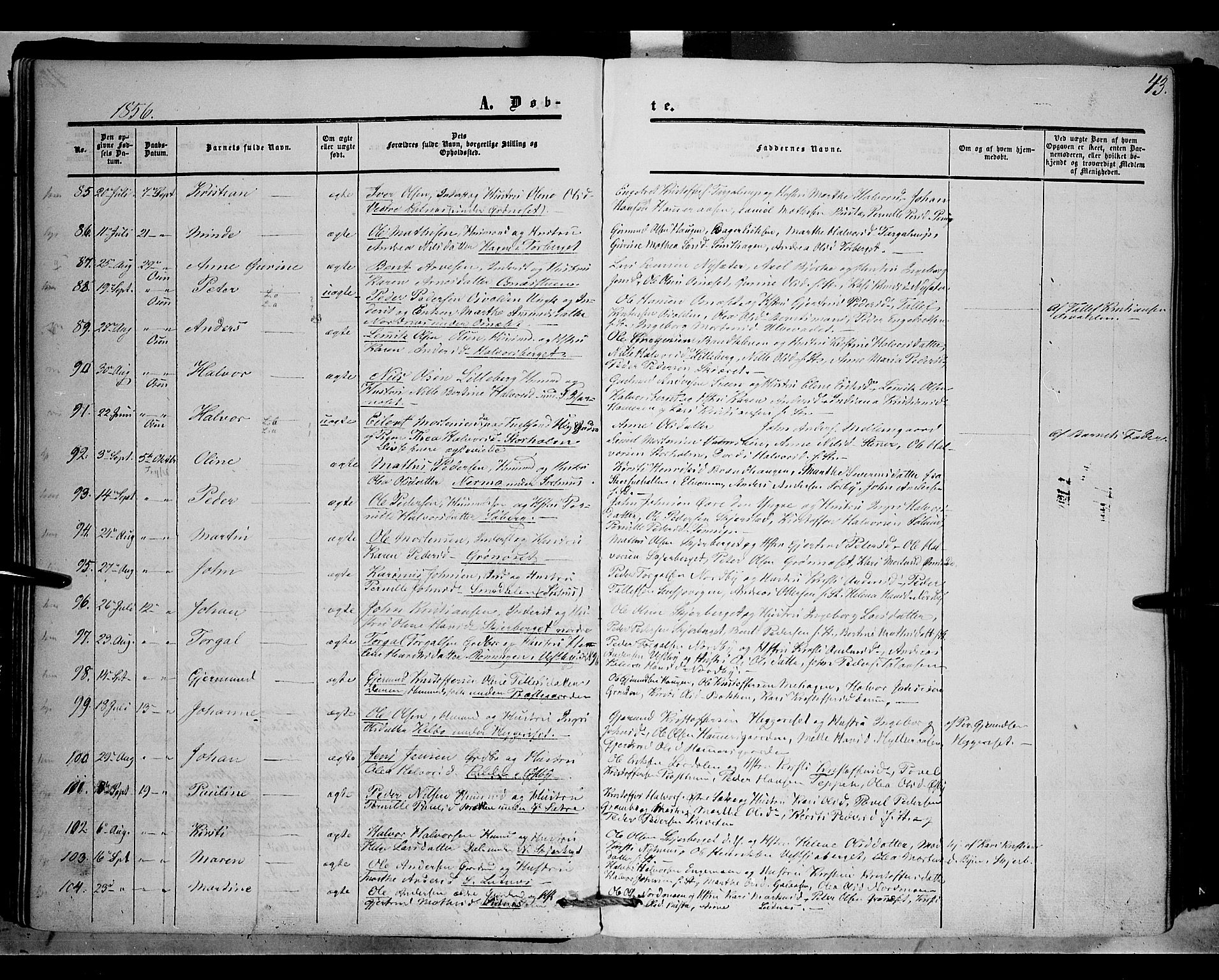 Trysil prestekontor, AV/SAH-PREST-046/H/Ha/Haa/L0005: Parish register (official) no. 5, 1851-1865, p. 43