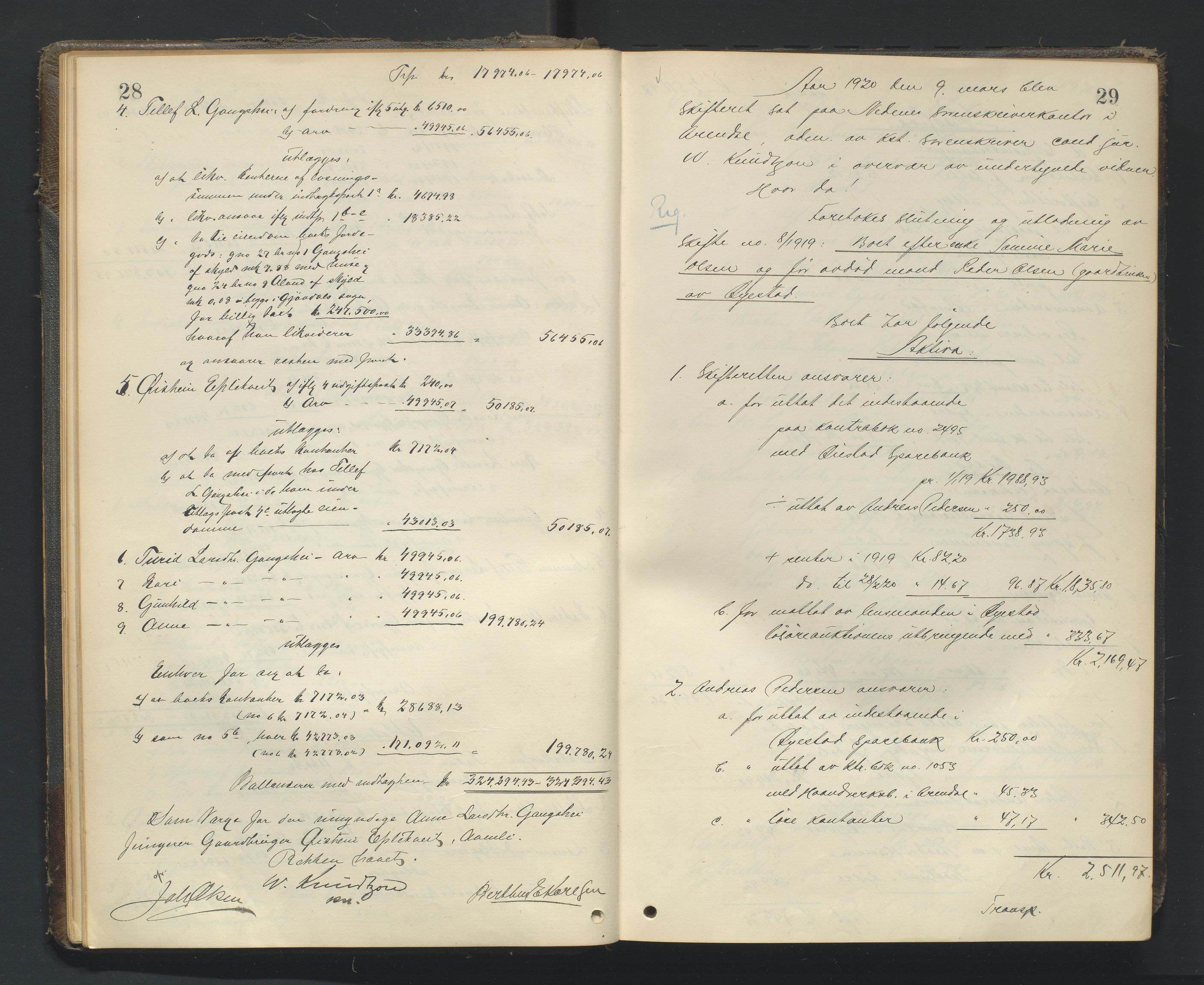 Nedenes sorenskriveri, AV/SAK-1221-0006/H/Hc/L0022: Skifteutlodningsprotokoll nr 8, 1919-1926, p. 28-29