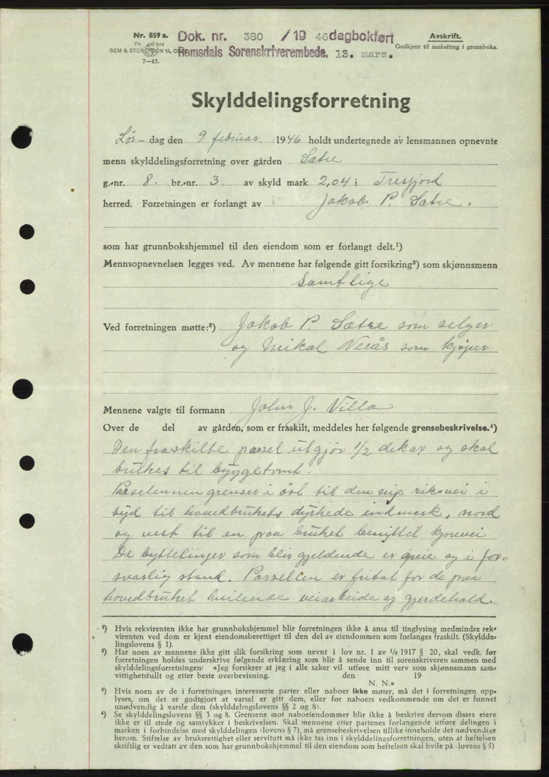 Romsdal sorenskriveri, SAT/A-4149/1/2/2C: Mortgage book no. A19, 1946-1946, Diary no: : 380/1946