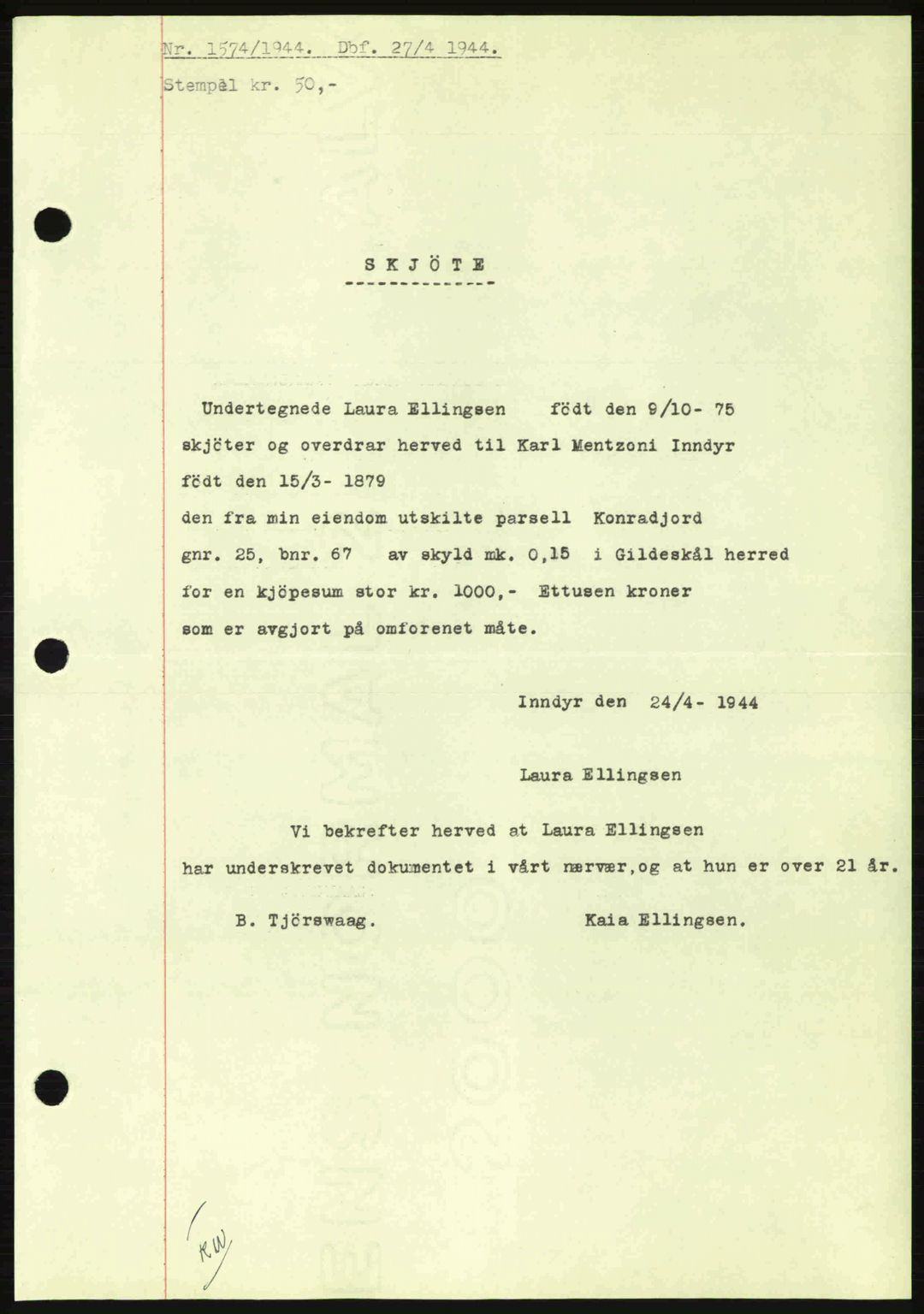 Salten sorenskriveri, AV/SAT-A-4578/1/2/2C: Mortgage book no. A14-15, 1943-1945, Diary no: : 1574/1944