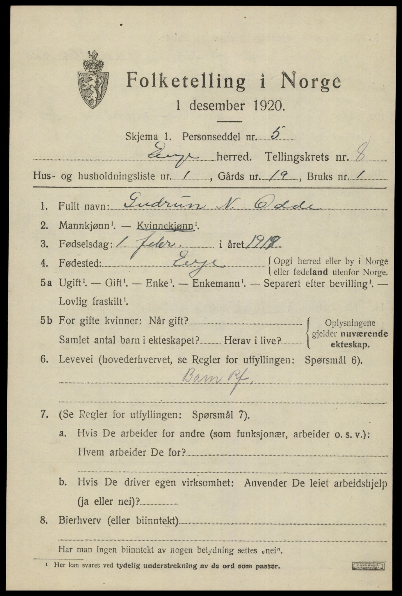 SAK, 1920 census for Evje, 1920, p. 2852