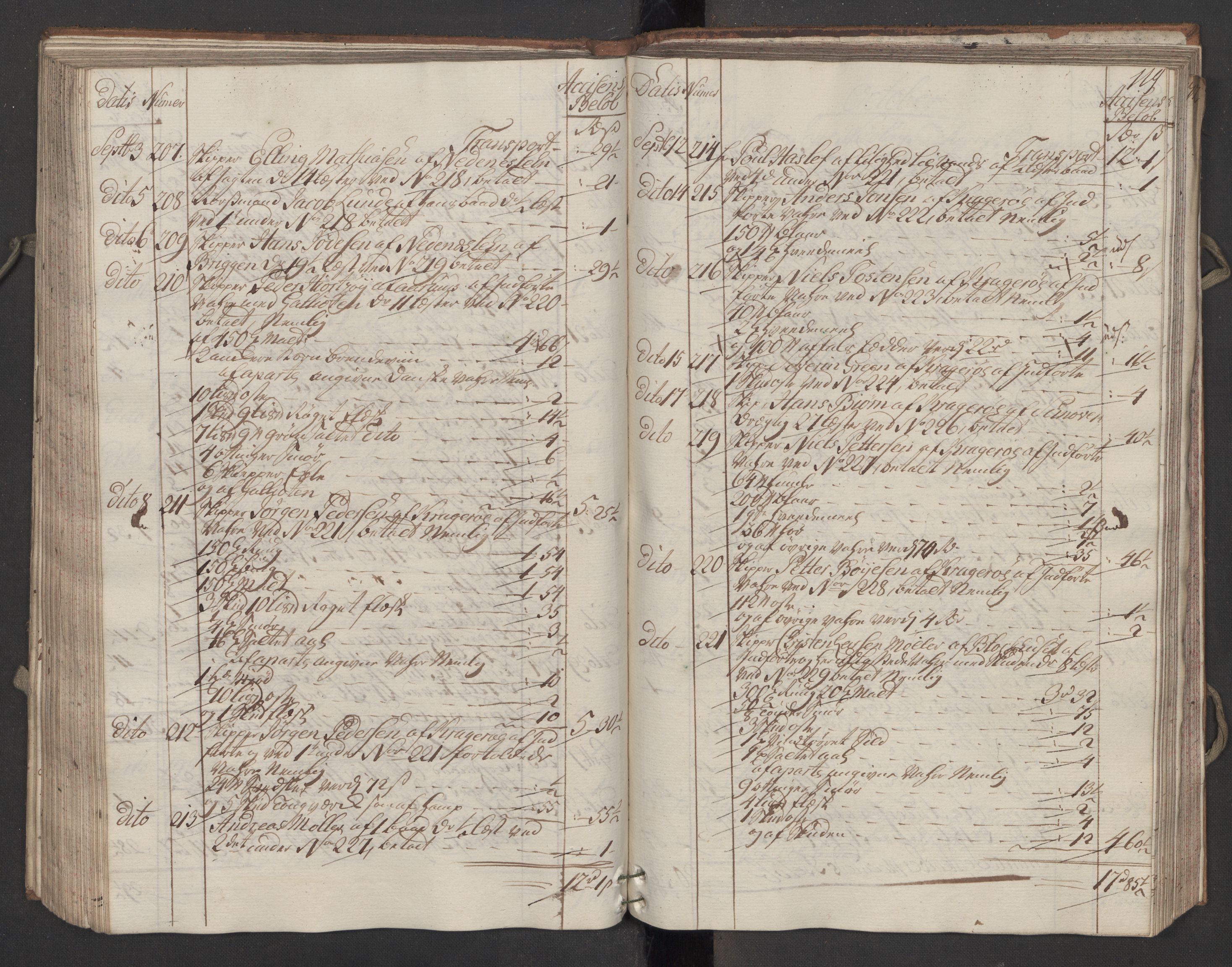 Generaltollkammeret, tollregnskaper, AV/RA-EA-5490/R13/L0036/0001: Tollregnskaper Kragerø / Inngående hovedtollbok, 1764, p. 118b-119a