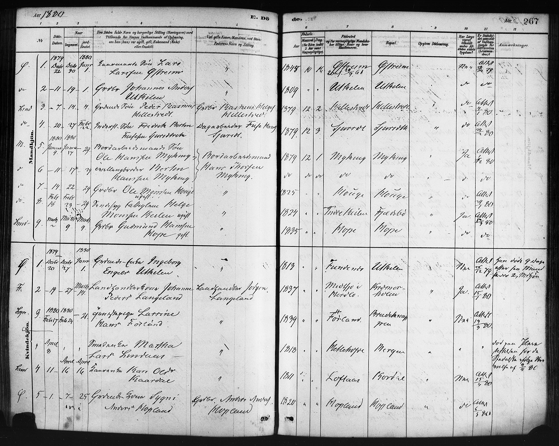 Lindås Sokneprestembete, AV/SAB-A-76701/H/Haa/Haaa/L0019: Parish register (official) no. A 19, 1878-1912, p. 267