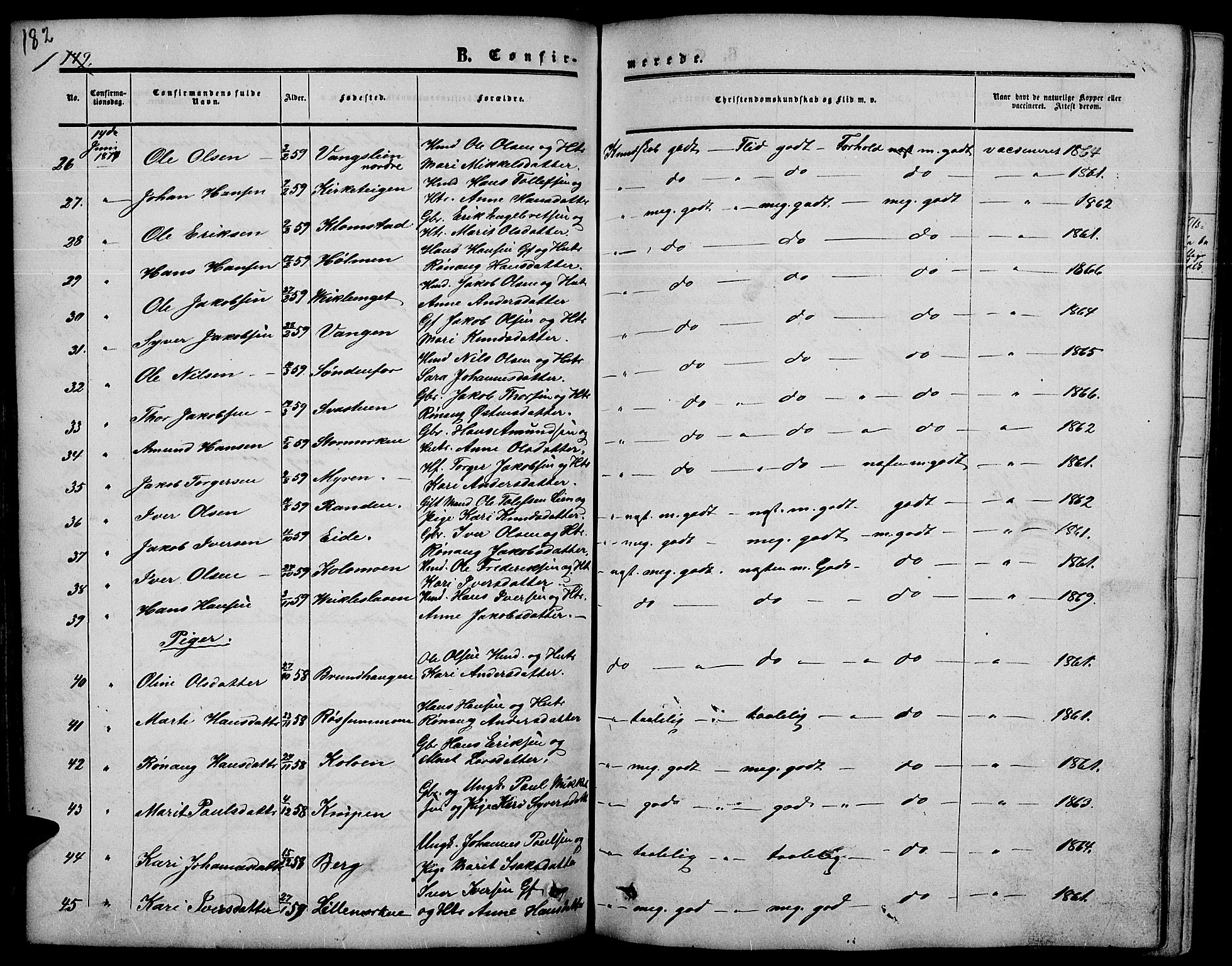 Nord-Fron prestekontor, SAH/PREST-080/H/Ha/Hab/L0003: Parish register (copy) no. 3, 1851-1886, p. 182