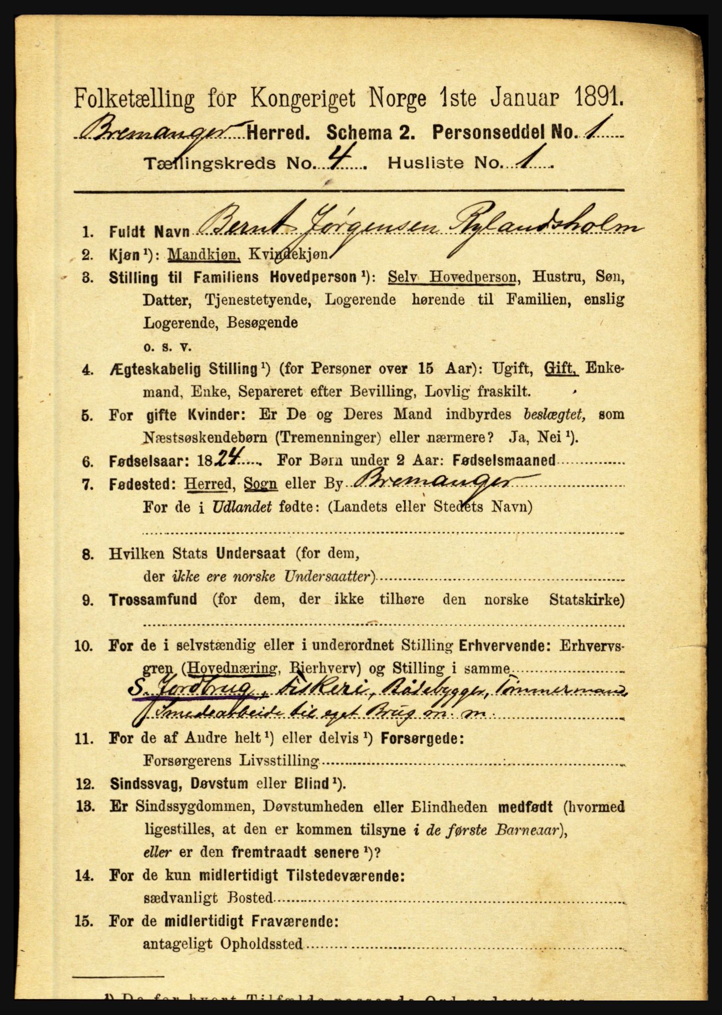 RA, 1891 census for 1438 Bremanger, 1891, p. 1512