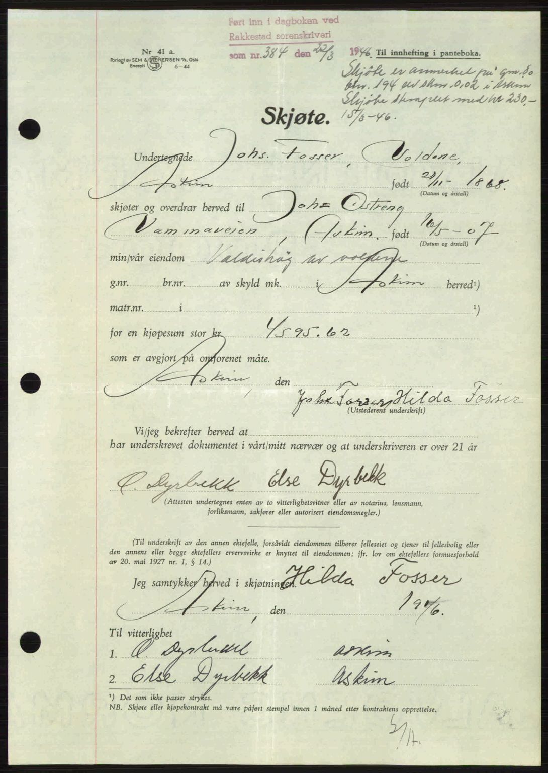 Rakkestad sorenskriveri, AV/SAO-A-10686/G/Gb/Gba/Gbab/L0012a: Mortgage book no. A12 I, 1945-1946, Diary no: : 384/1946