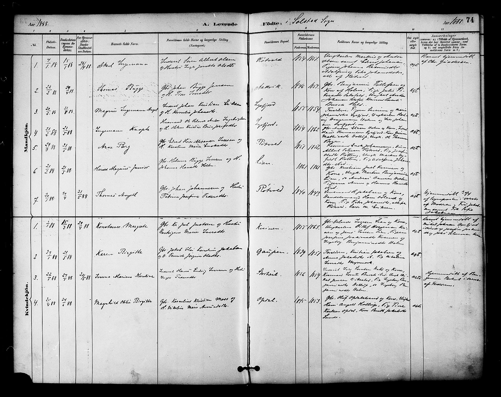 Ministerialprotokoller, klokkerbøker og fødselsregistre - Nordland, AV/SAT-A-1459/810/L0151: Parish register (official) no. 810A10 /2, 1885-1895, p. 74