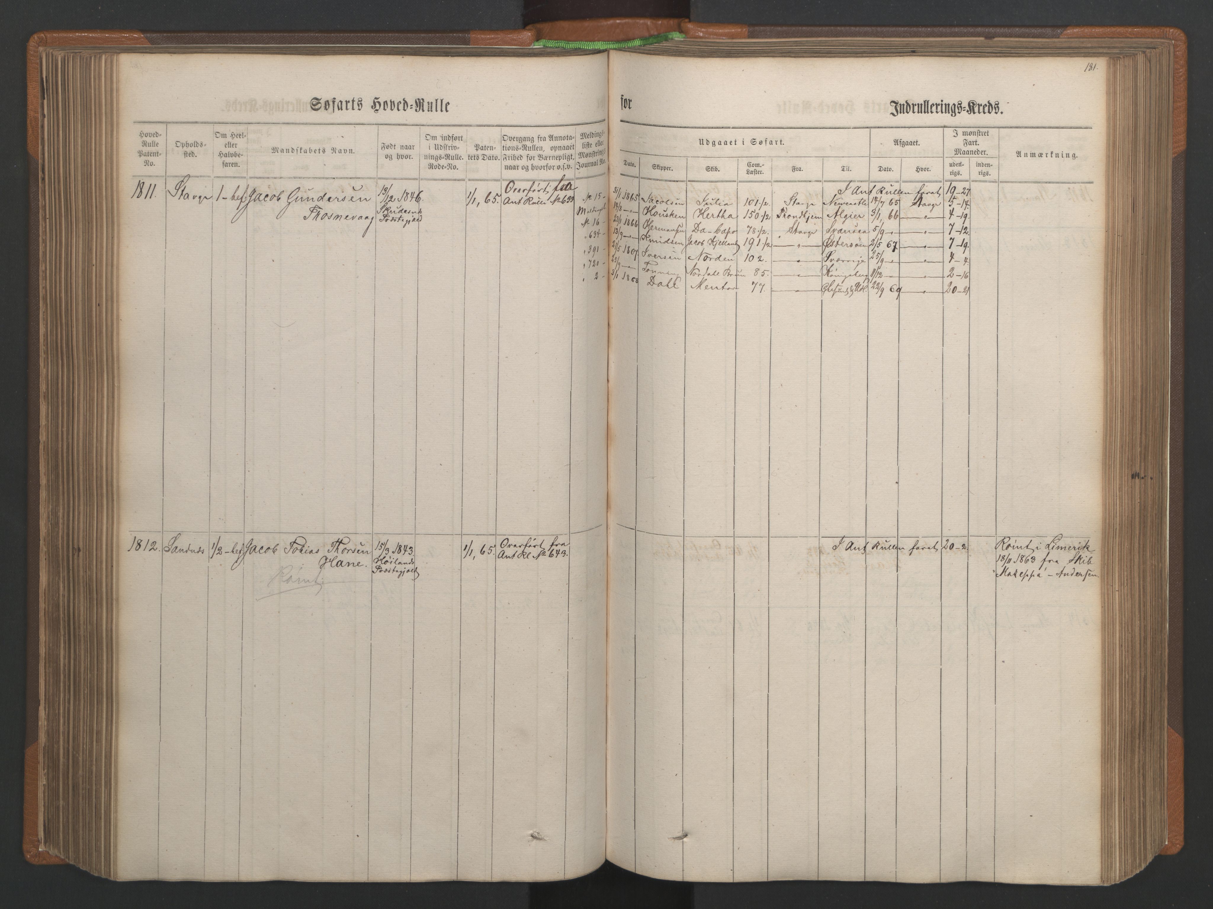 Stavanger sjømannskontor, AV/SAST-A-102006/F/Fb/Fbb/L0003: Sjøfartshovedrulle, patentnr. 1451-2270, 1863, p. 191