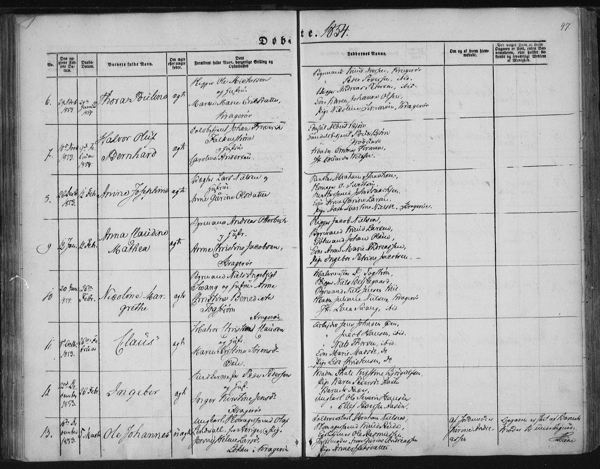 Kragerø kirkebøker, AV/SAKO-A-278/F/Fa/L0006: Parish register (official) no. 6, 1847-1861, p. 47