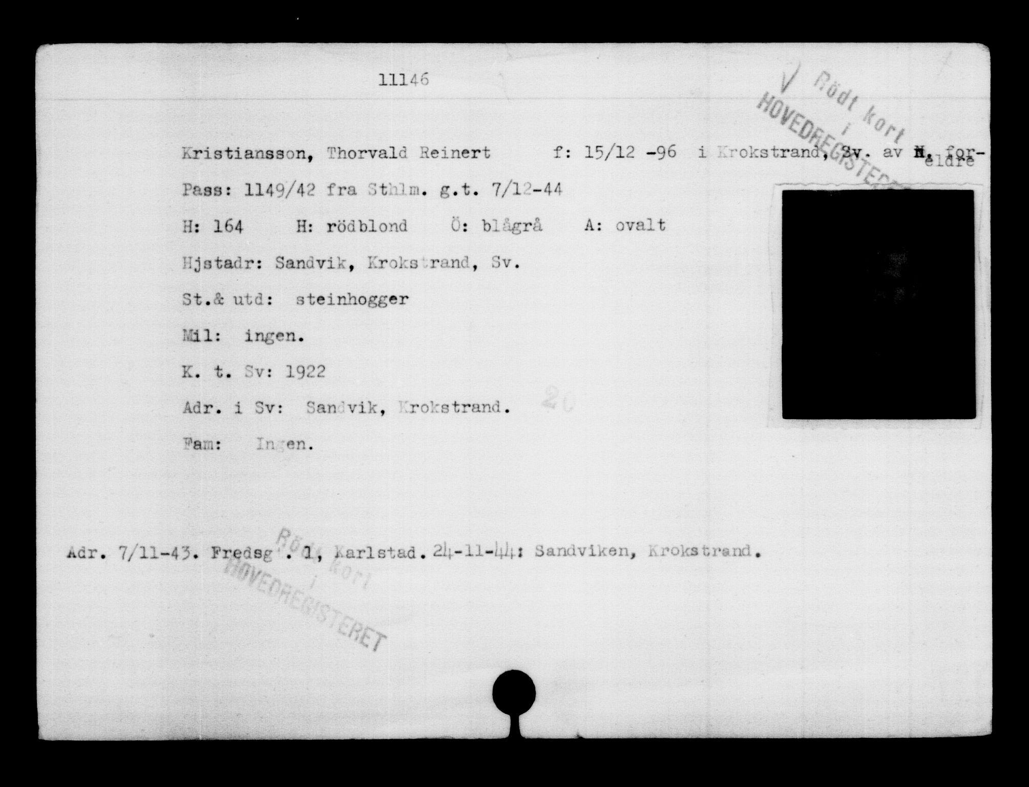 Utenriksstasjonene, Legasjonen i Stockholm, Flyktningkontoret, AV/RA-S-6753/V/Va/L0006: Kjesäterkartoteket, flyktninger med registreringsnr. 9400-12711, 1940-1945, p. 1979