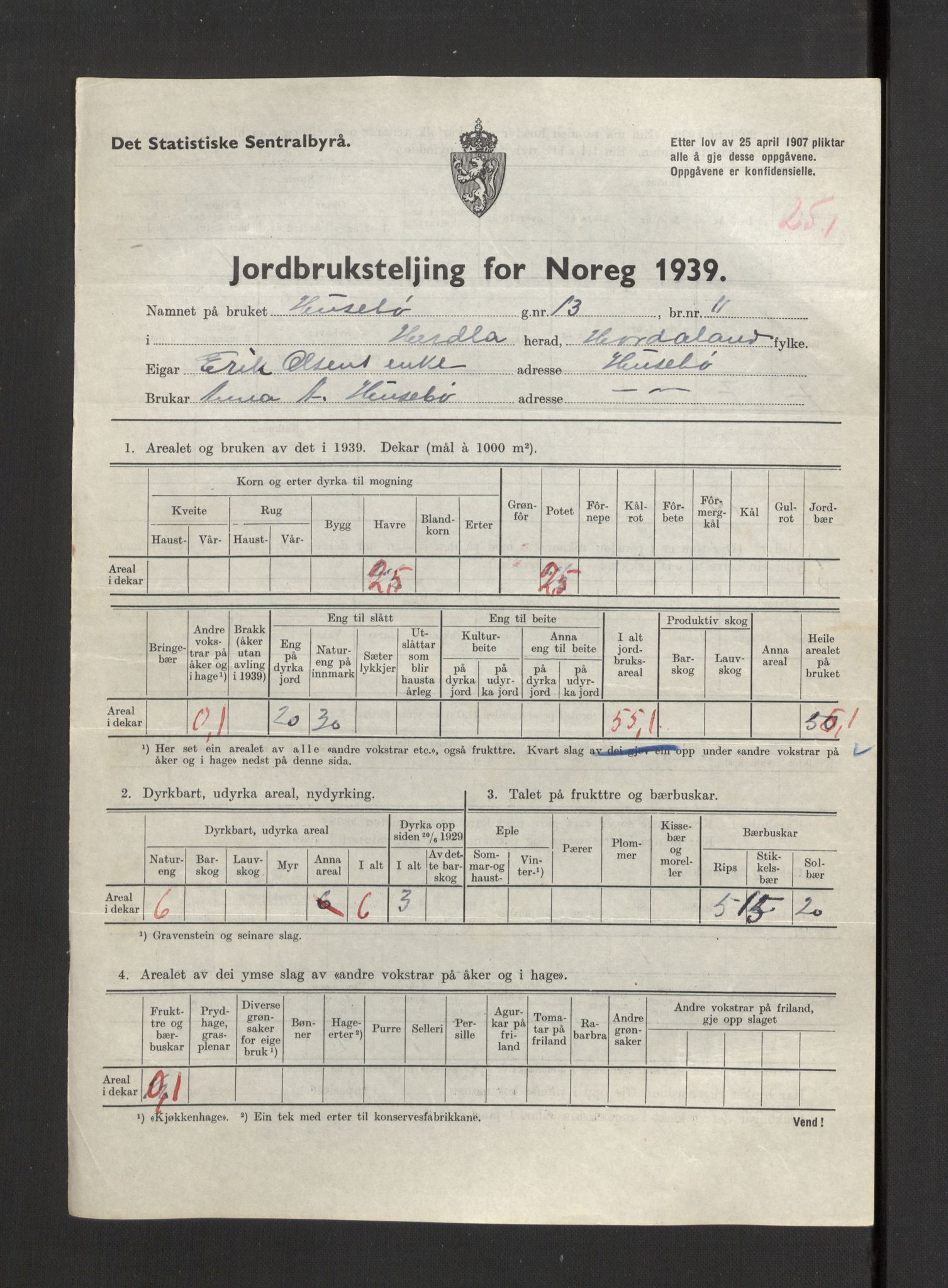 Statistisk sentralbyrå, Næringsøkonomiske emner, Jordbruk, skogbruk, jakt, fiske og fangst, AV/RA-S-2234/G/Gb/L0211: Hordaland: Herdla, Hjelme og Manger, 1939, p. 1093