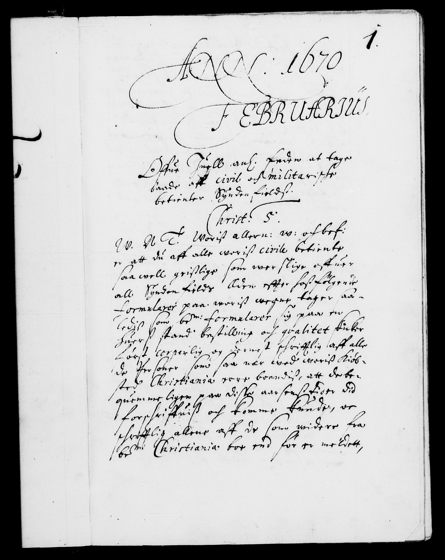 Danske Kanselli 1572-1799, AV/RA-EA-3023/F/Fc/Fca/Fcab/L0012: Norske tegnelser (mikrofilm), 1670-1683, p. 1a