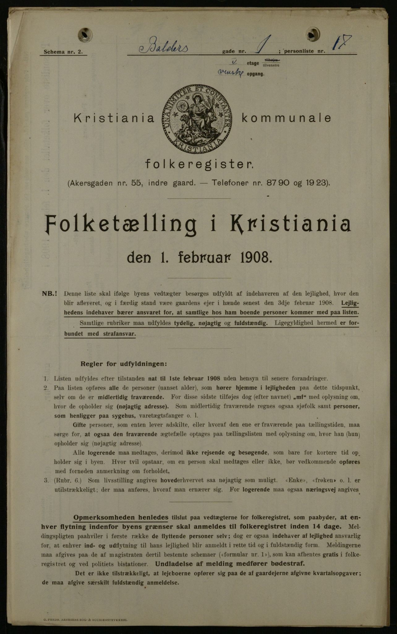 OBA, Municipal Census 1908 for Kristiania, 1908, p. 3065