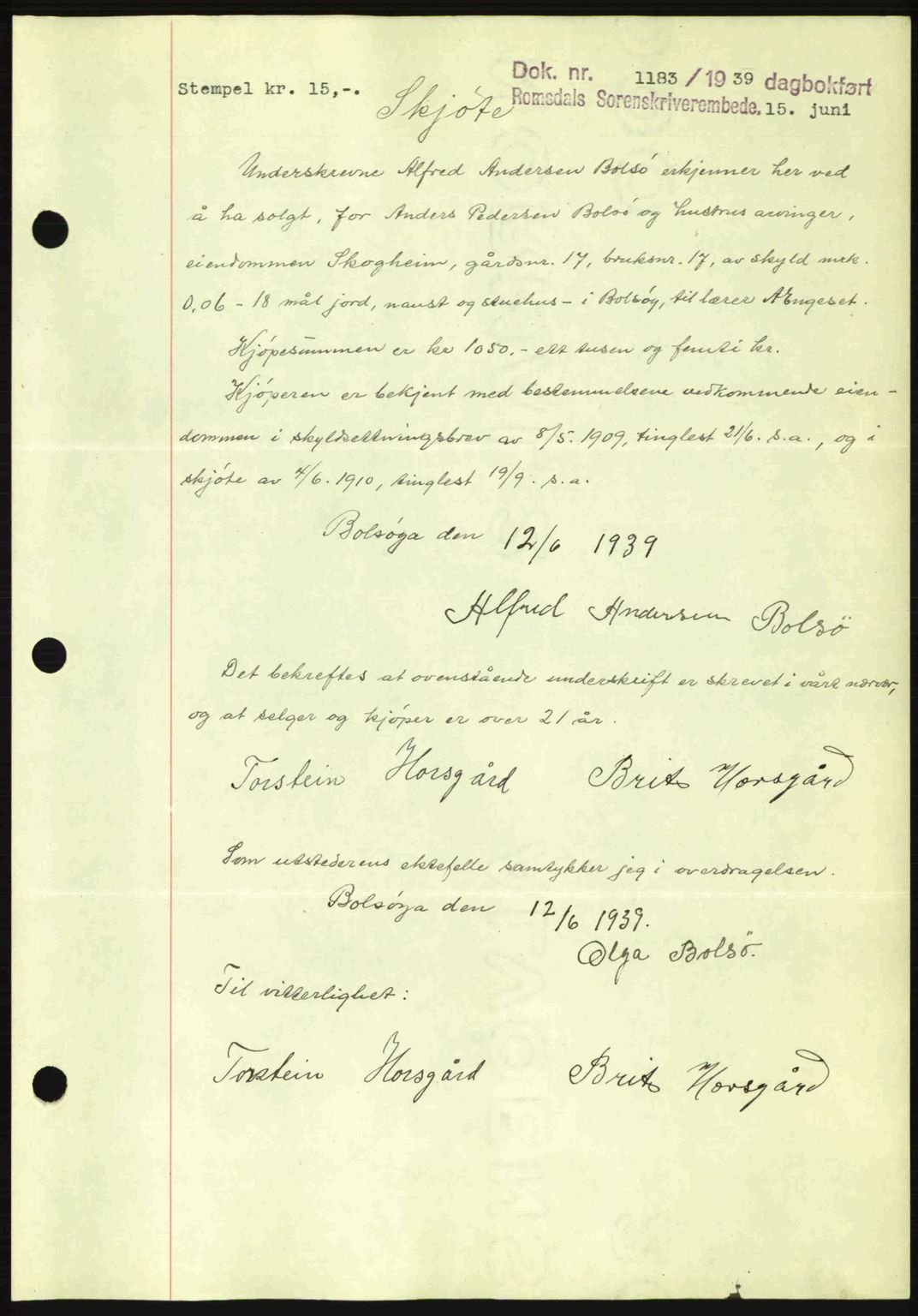 Romsdal sorenskriveri, AV/SAT-A-4149/1/2/2C: Mortgage book no. A7, 1939-1939, Diary no: : 1183/1939