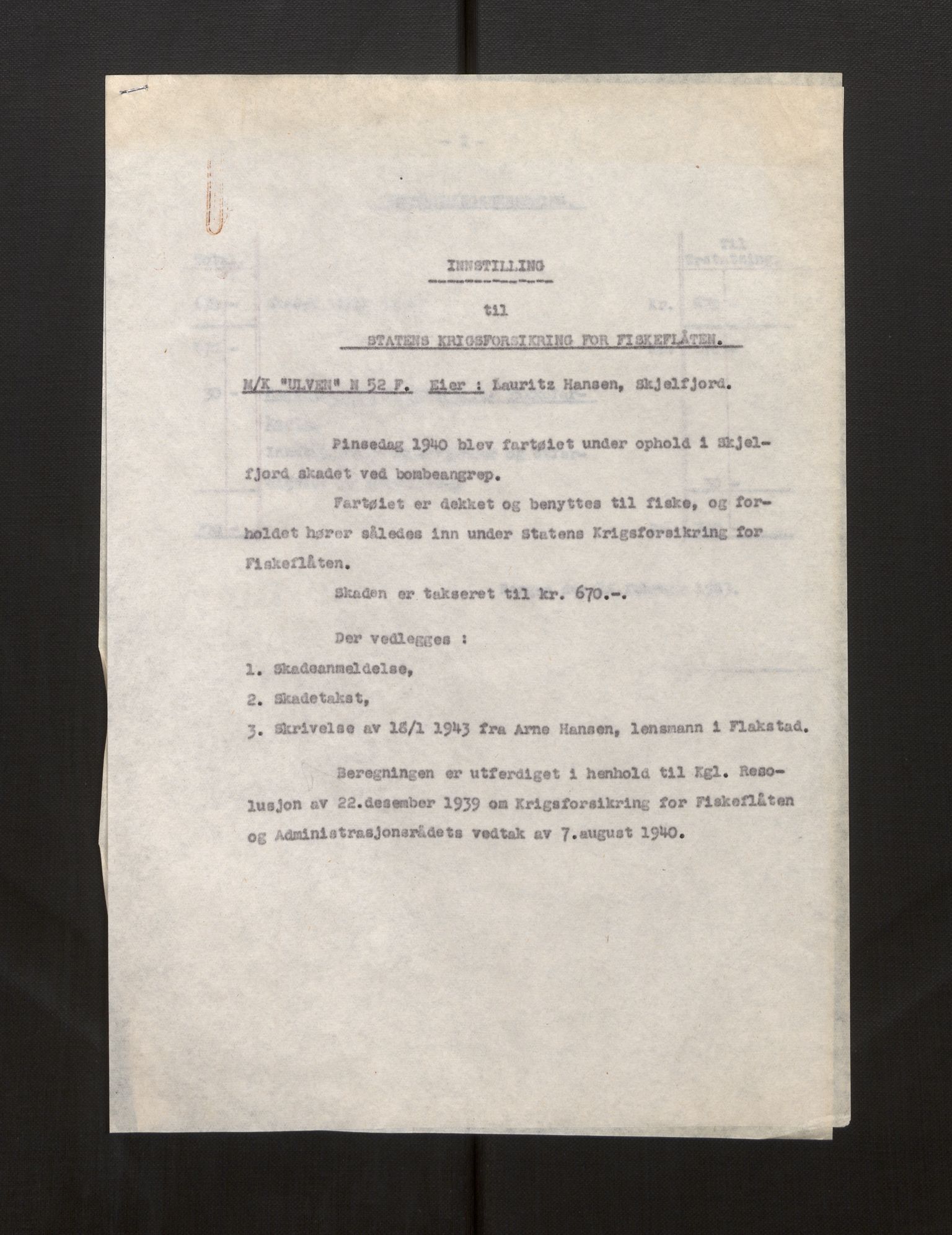 Fiskeridirektoratet - 1 Adm. ledelse - 13 Båtkontoret, AV/SAB-A-2003/La/L0008: Statens krigsforsikring for fiskeflåten, 1936-1971, p. 20