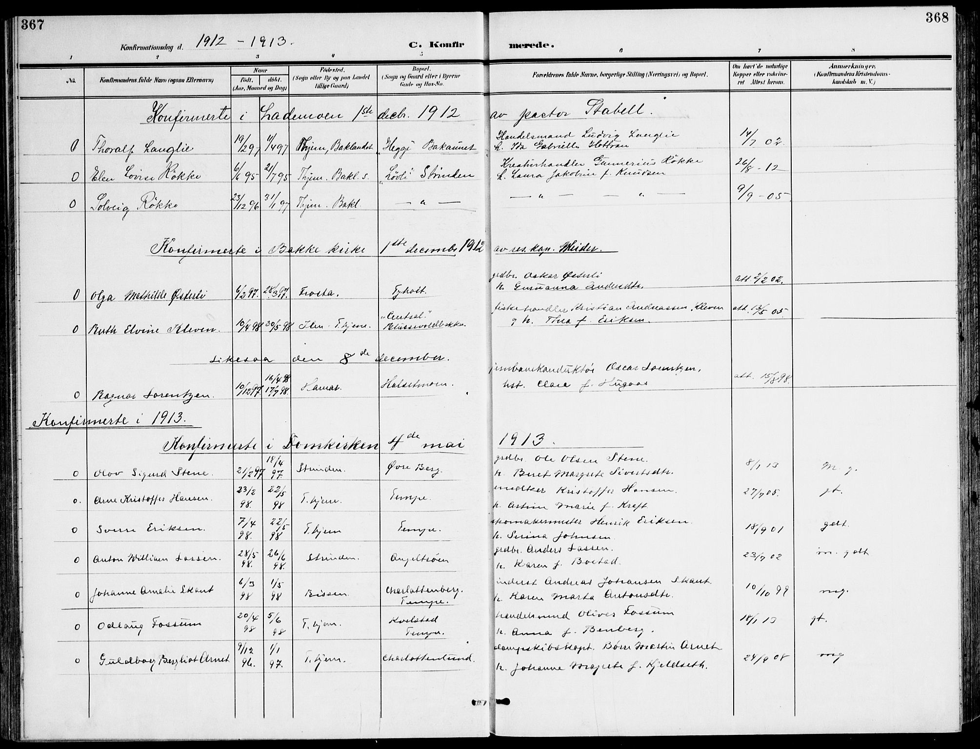 Ministerialprotokoller, klokkerbøker og fødselsregistre - Sør-Trøndelag, SAT/A-1456/607/L0320: Parish register (official) no. 607A04, 1907-1915, p. 367-368
