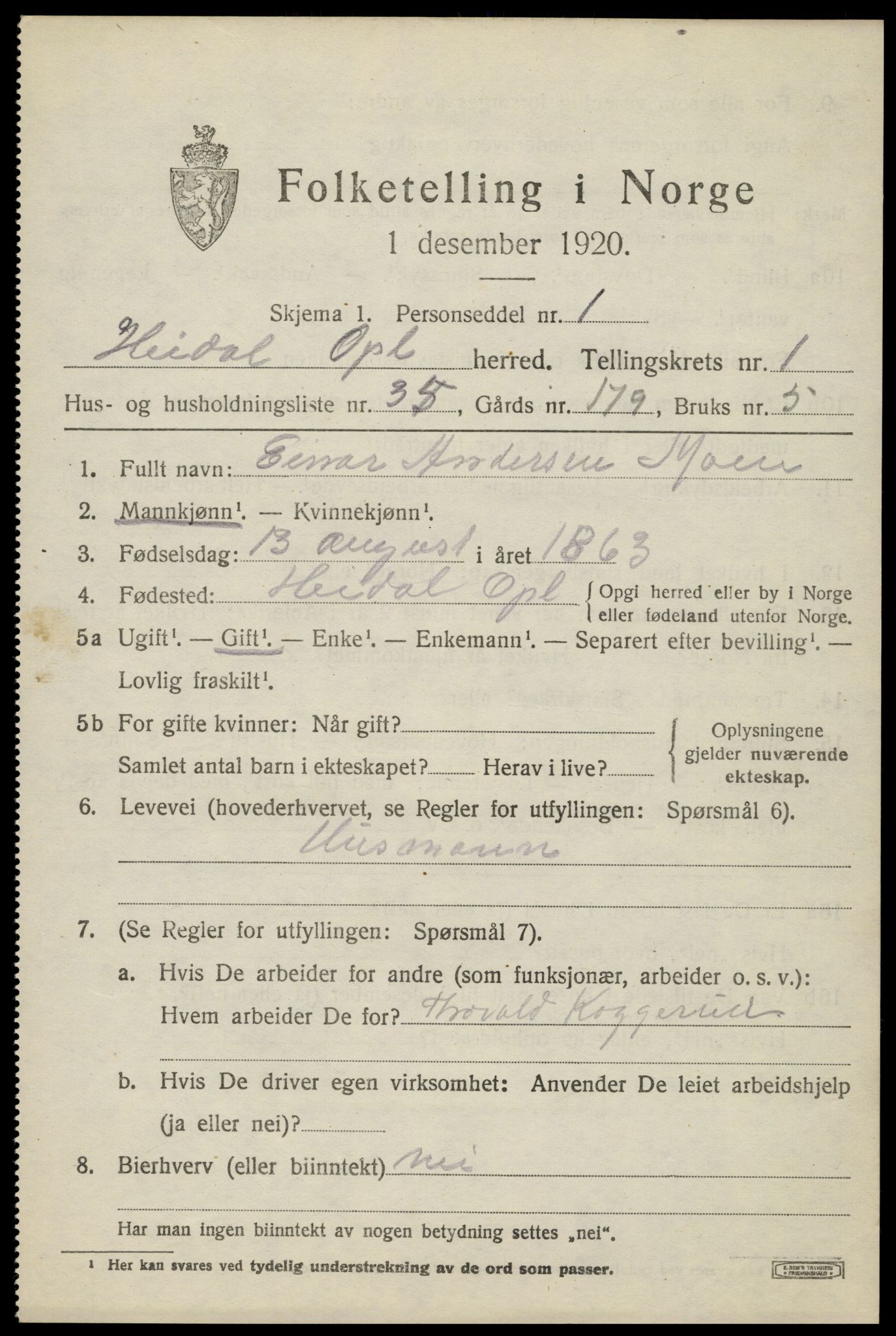 SAH, 1920 census for Heidal, 1920, p. 874