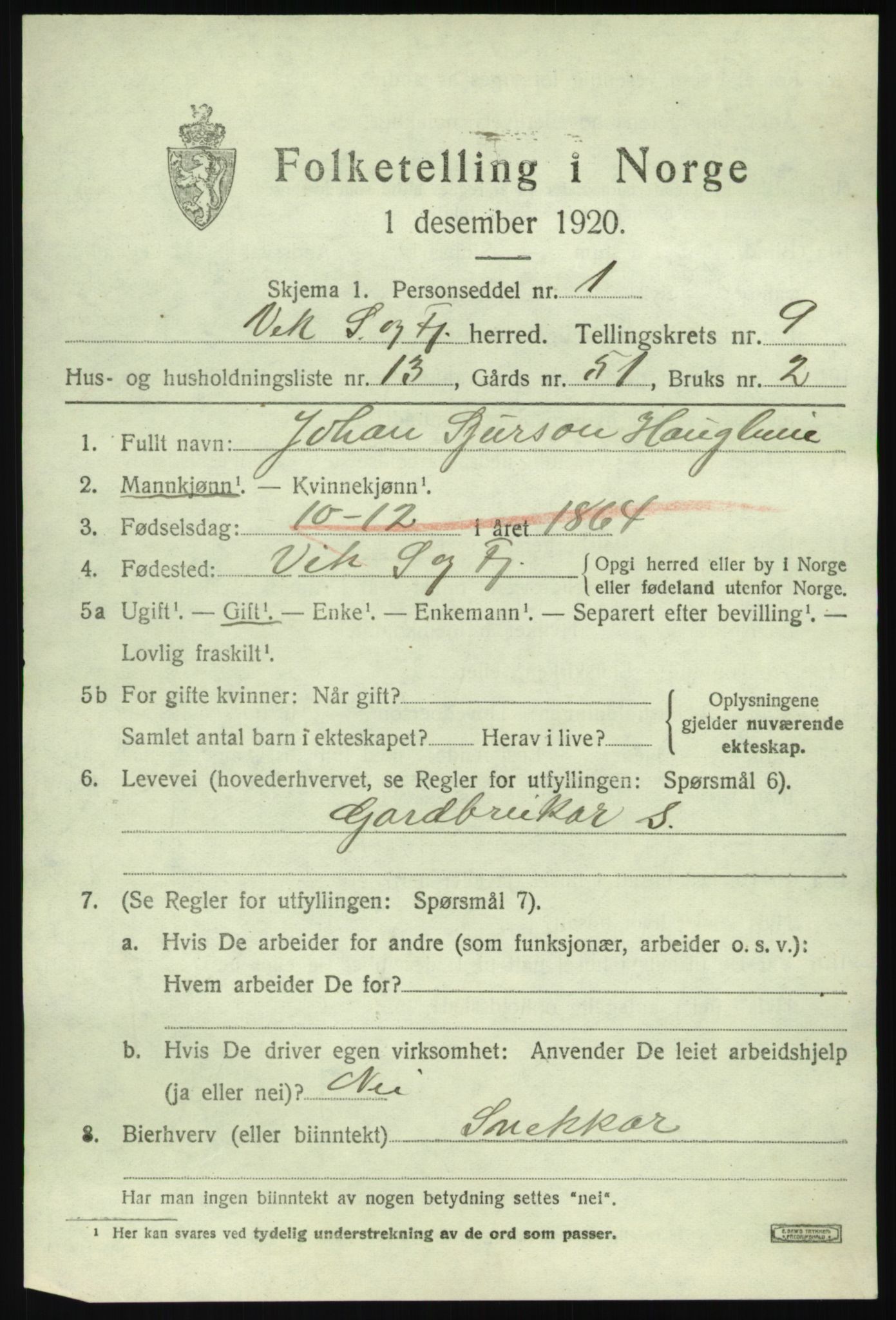 SAB, 1920 census for Vik, 1920, p. 5671