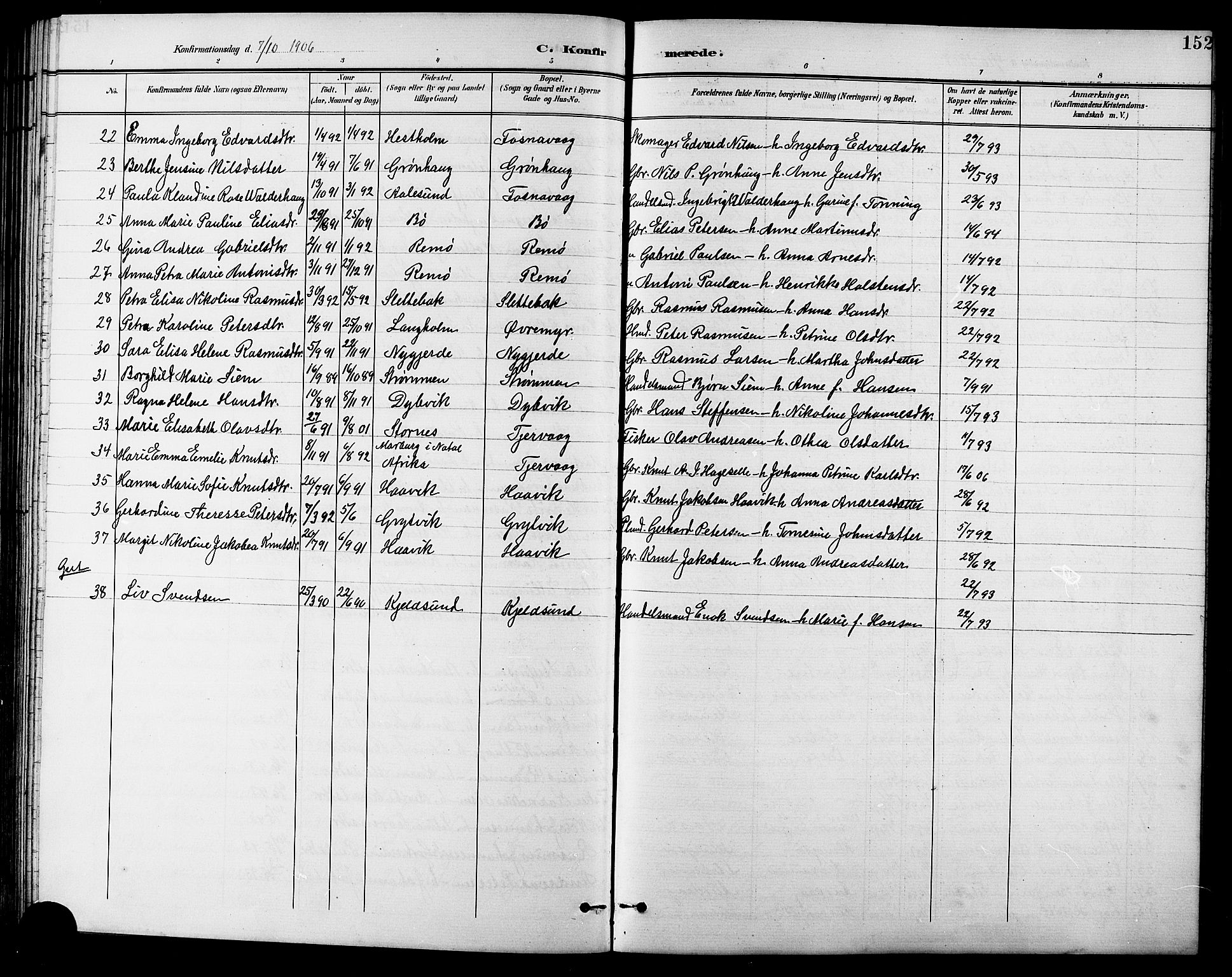 Ministerialprotokoller, klokkerbøker og fødselsregistre - Møre og Romsdal, SAT/A-1454/507/L0082: Parish register (copy) no. 507C05, 1896-1914, p. 152