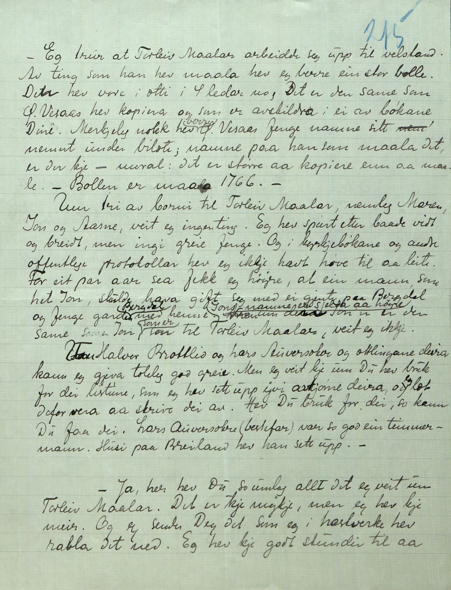 Rikard Berge, TEMU/TGM-A-1003/F/L0008/0012: 300-340 / 311 Brev, også viser og noen regler og rim. Skikker fra Valdres, 1913, p. 215