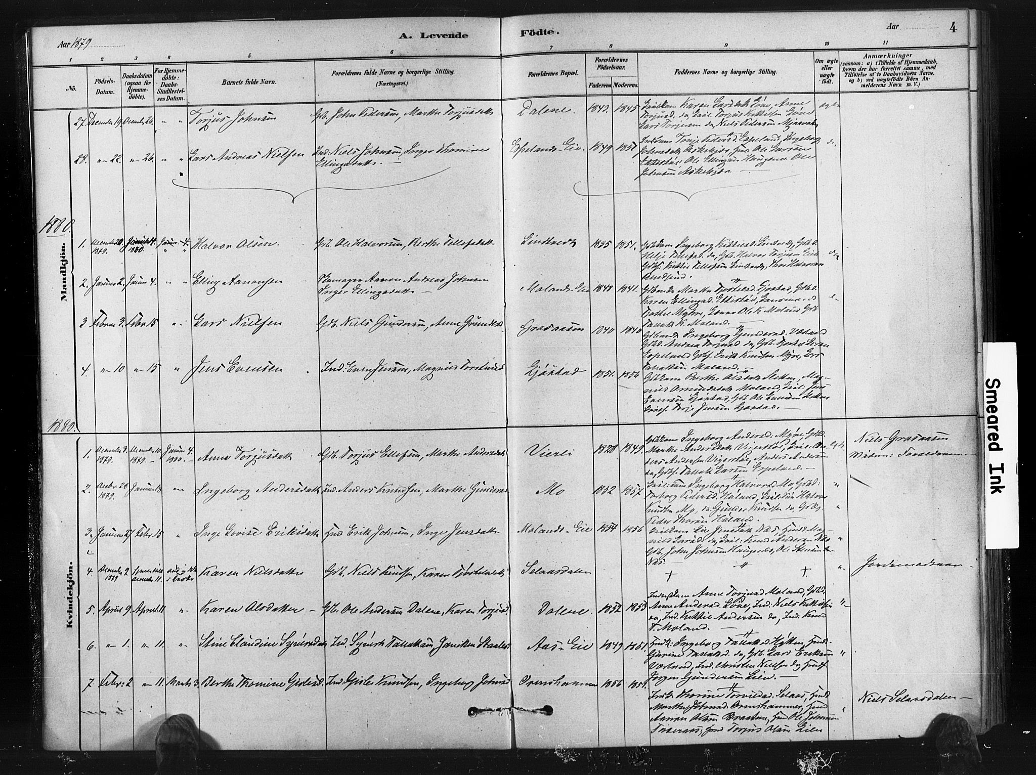 Gjerstad sokneprestkontor, SAK/1111-0014/F/Fa/Fab/L0004: Parish register (official) no. A 4, 1879-1890, p. 4