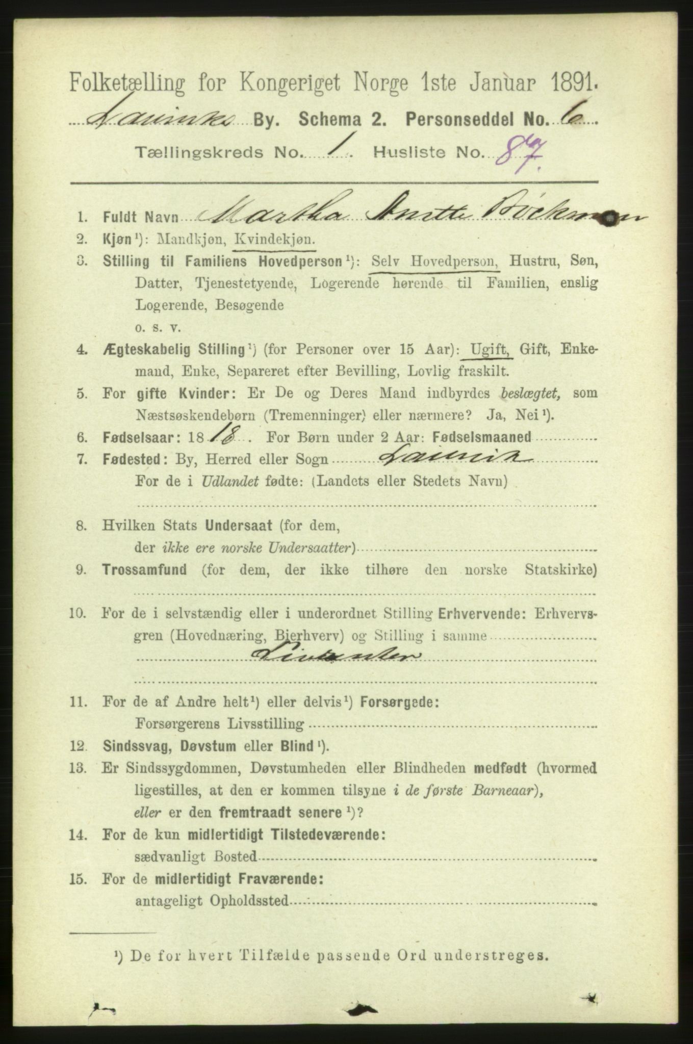 RA, 1891 census for 0707 Larvik, 1891, p. 3327