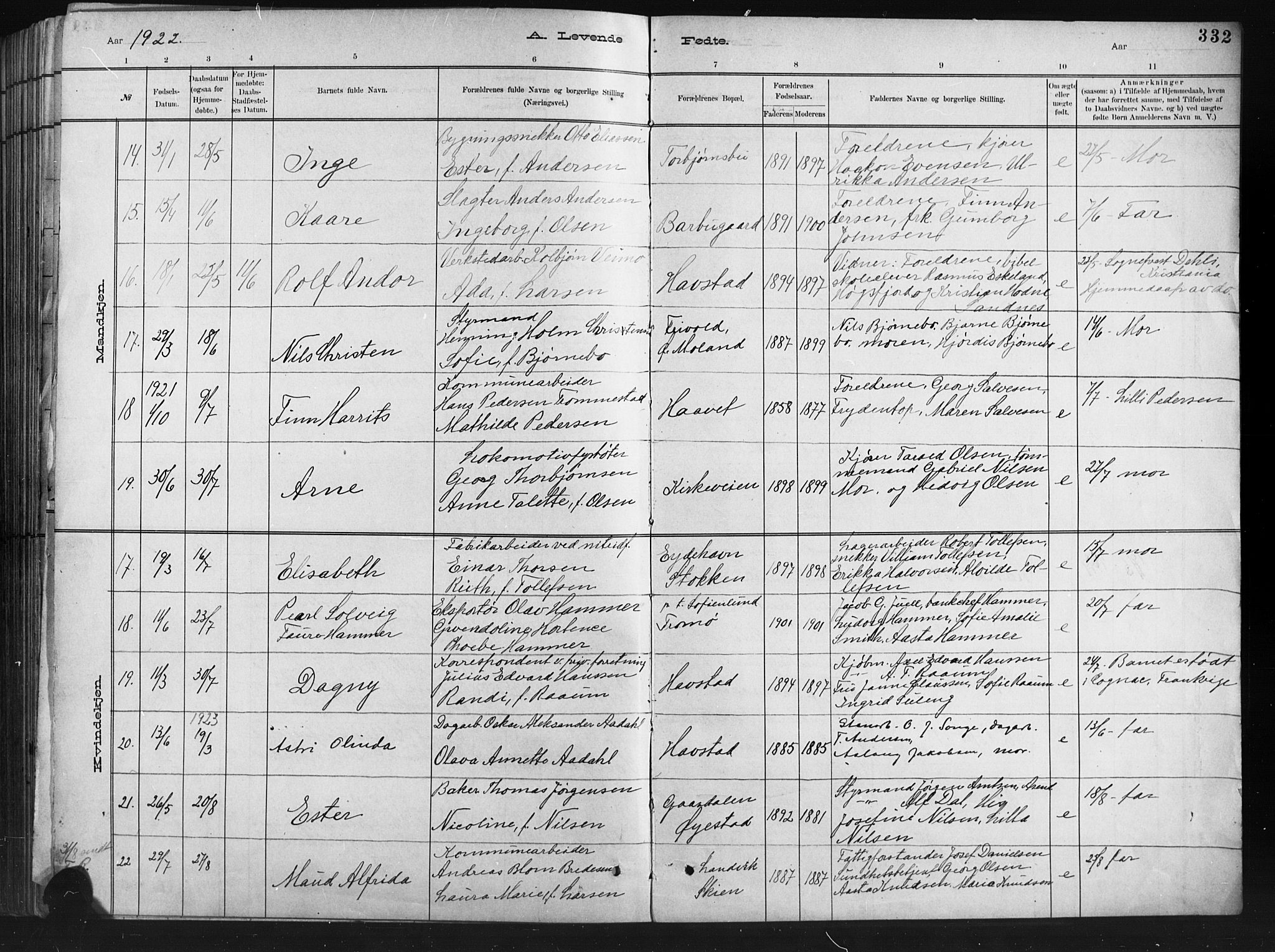 Barbu sokneprestkontor, AV/SAK-1111-0003/F/Fb/L0002: Parish register (copy) no. B 2, 1890-1922, p. 332