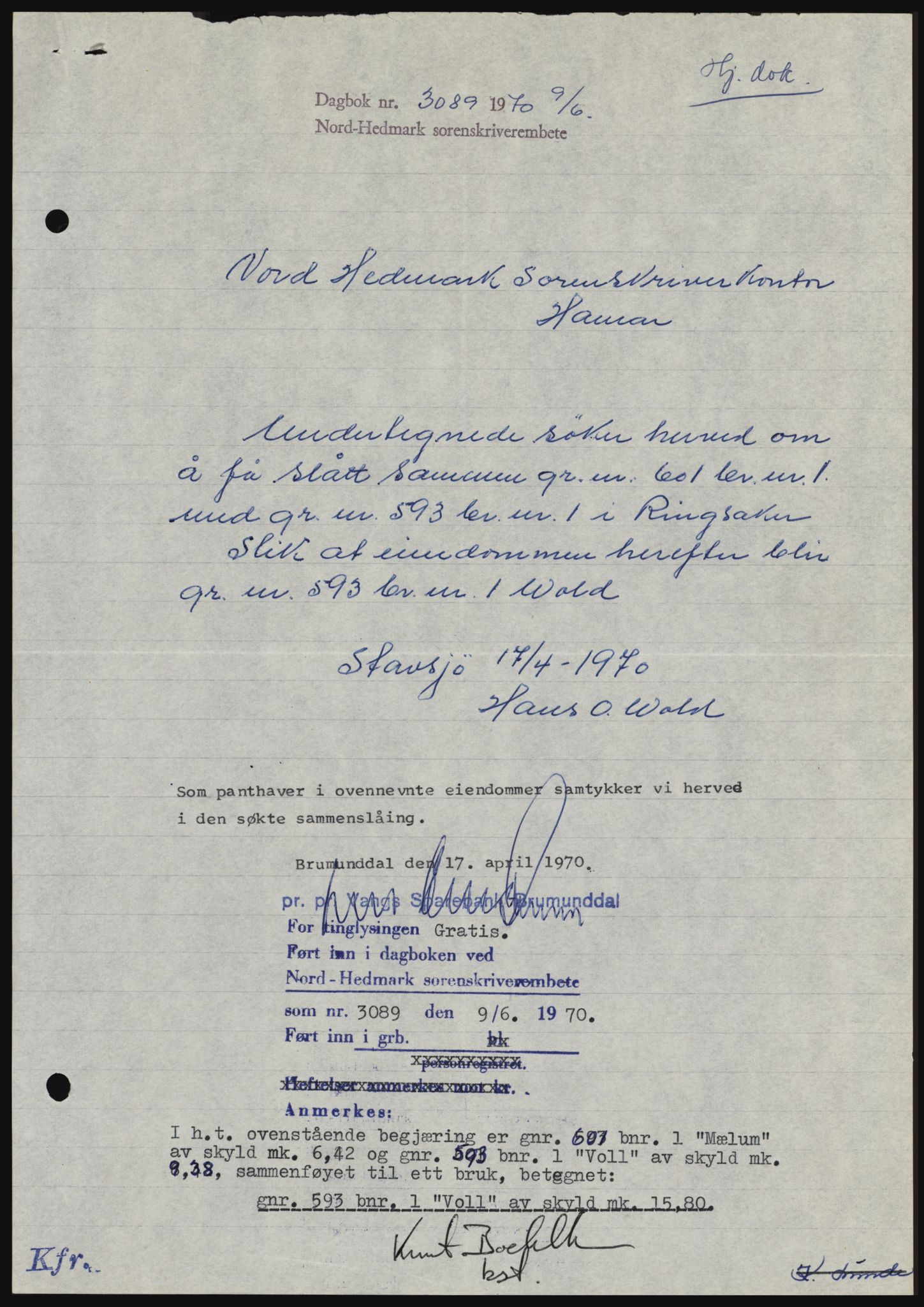 Nord-Hedmark sorenskriveri, SAH/TING-012/H/Hc/L0033: Mortgage book no. 33, 1970-1970, Diary no: : 3089/1970