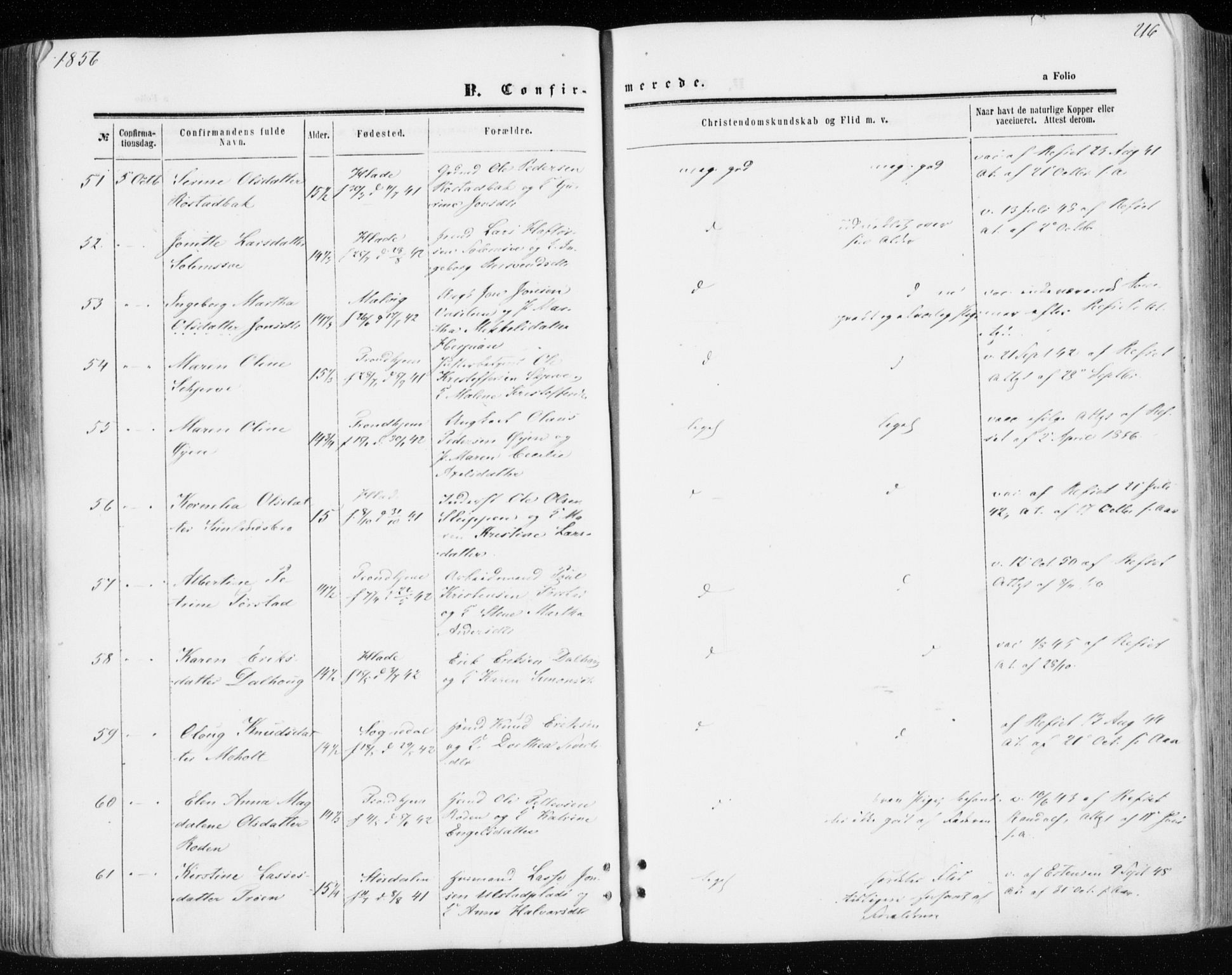 Ministerialprotokoller, klokkerbøker og fødselsregistre - Sør-Trøndelag, AV/SAT-A-1456/606/L0292: Parish register (official) no. 606A07, 1856-1865, p. 216