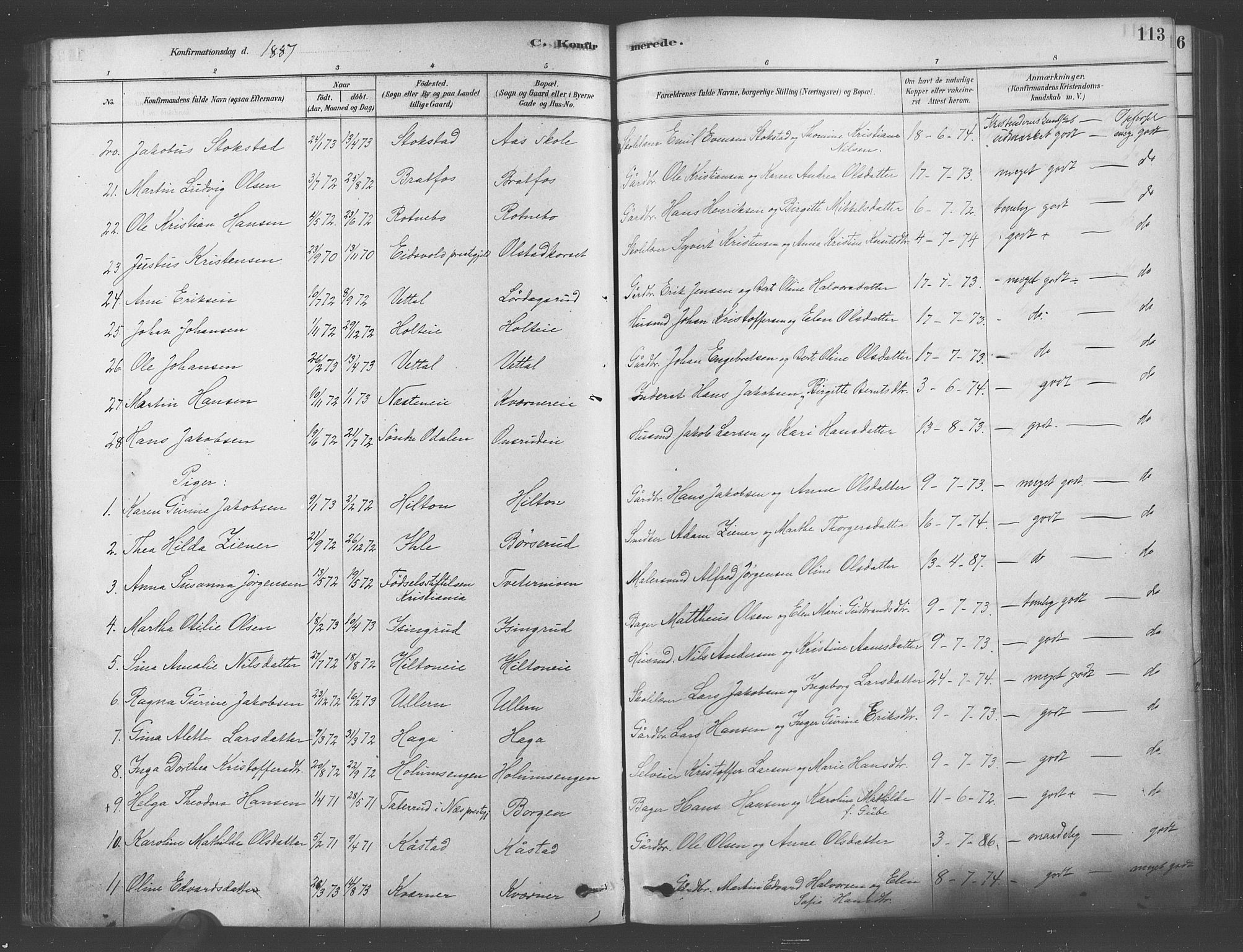 Ullensaker prestekontor Kirkebøker, AV/SAO-A-10236a/F/Fa/L0019: Parish register (official) no. I 19, 1878-1891, p. 113