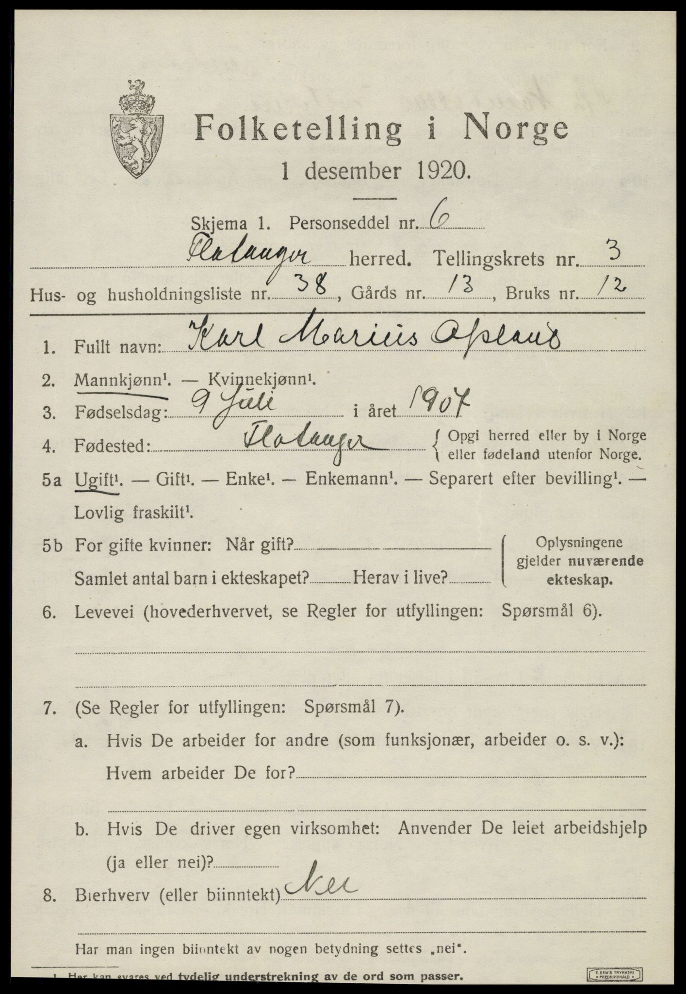 SAT, 1920 census for Flatanger, 1920, p. 2004