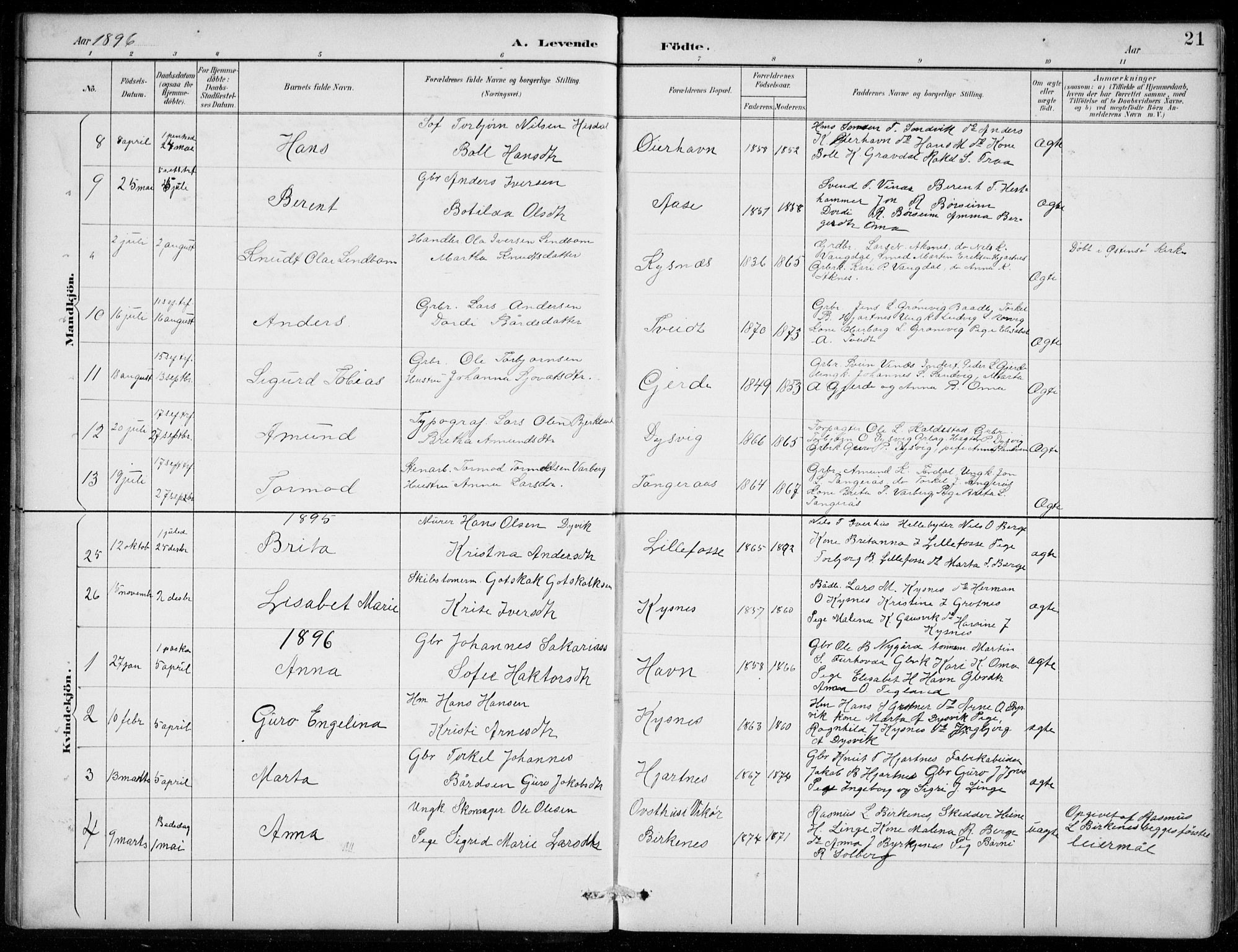 Strandebarm sokneprestembete, AV/SAB-A-78401/H/Hab: Parish register (copy) no. B  1, 1891-1914, p. 21