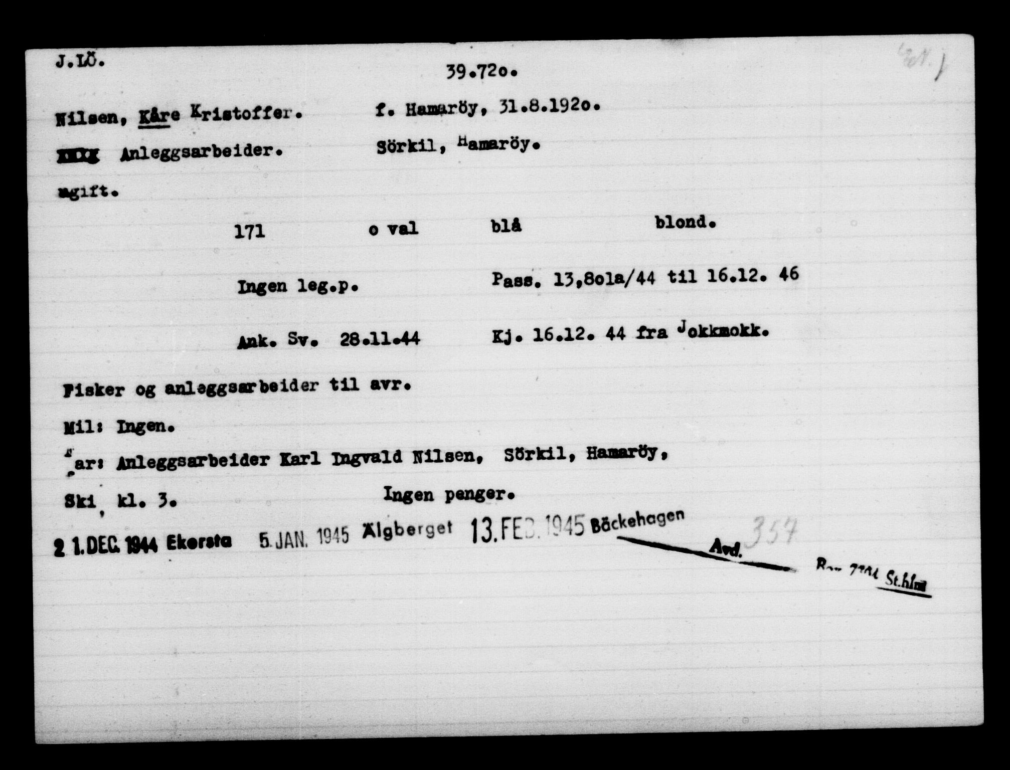 Utenriksstasjonene, Legasjonen i Stockholm, Flyktningkontoret, AV/RA-S-6753/V/Va/L0015: Kjesäterkartoteket, flyktninger med registreringsnr. 37800-40770, 1940-1945, p. 1978