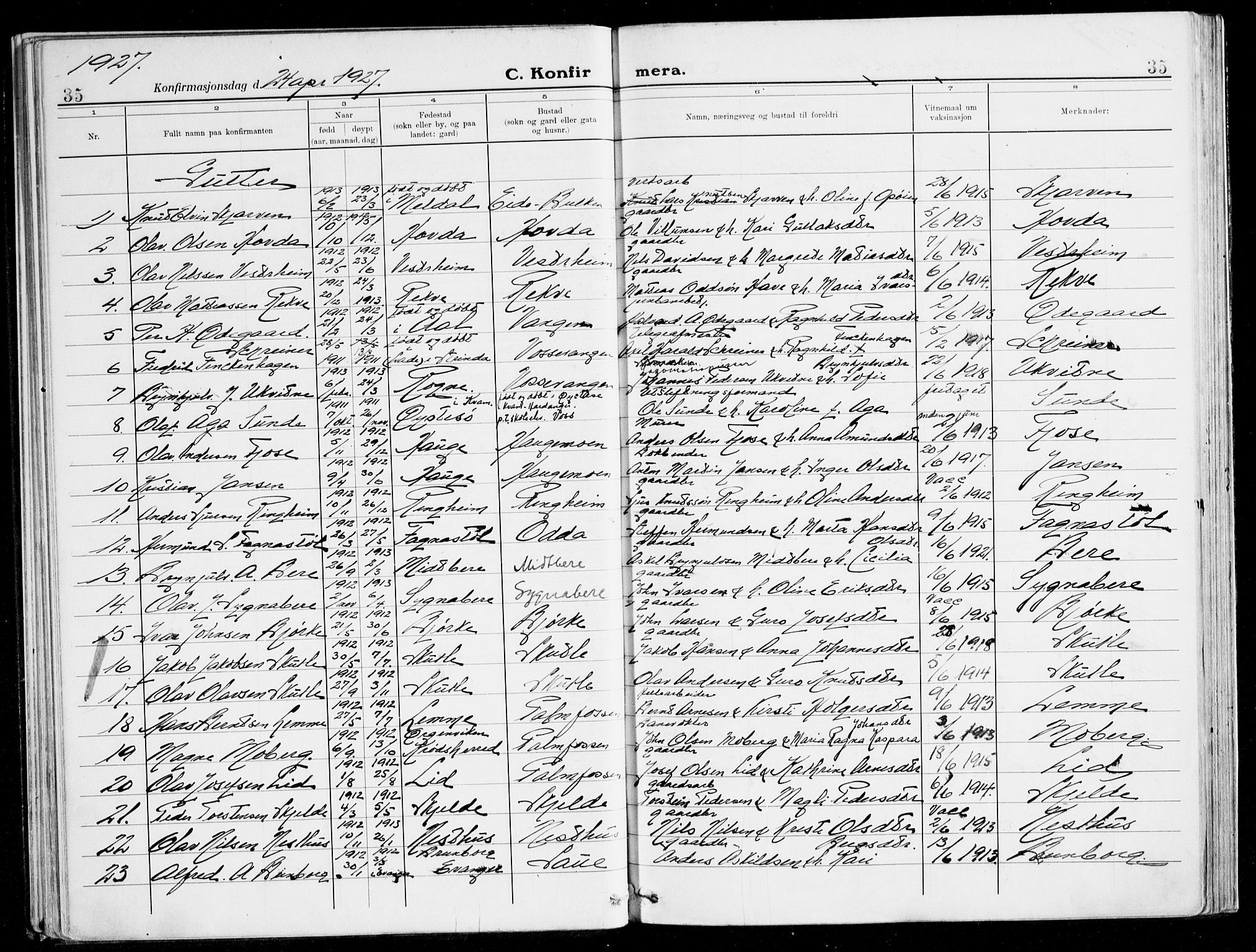 Voss sokneprestembete, SAB/A-79001/H/Haa: Parish register (official) no. B 3, 1922-1942, p. 35