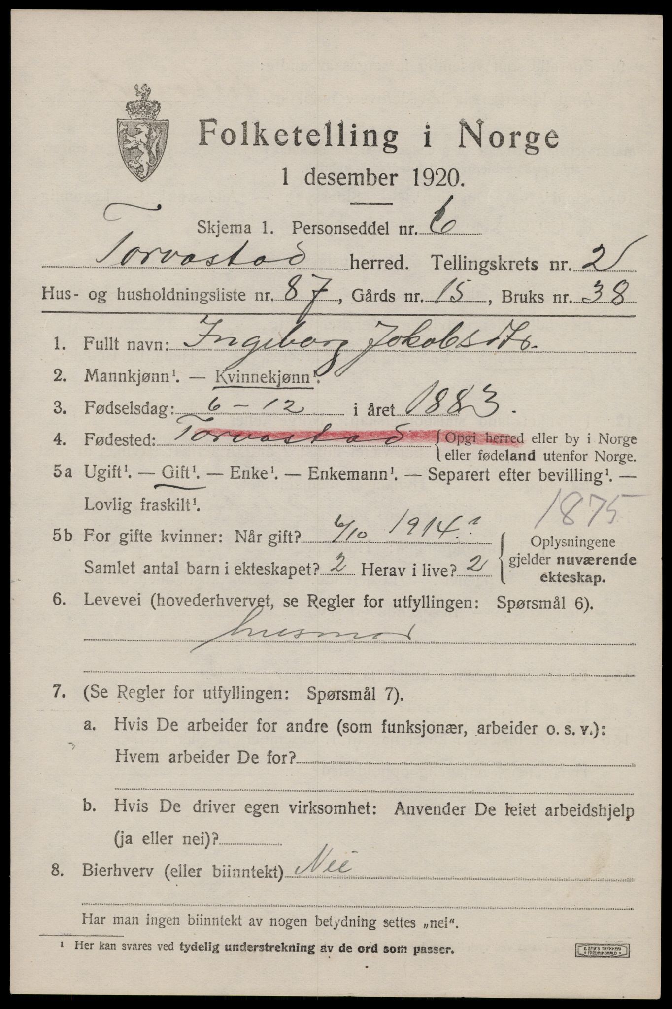 SAST, 1920 census for Torvastad, 1920, p. 2912