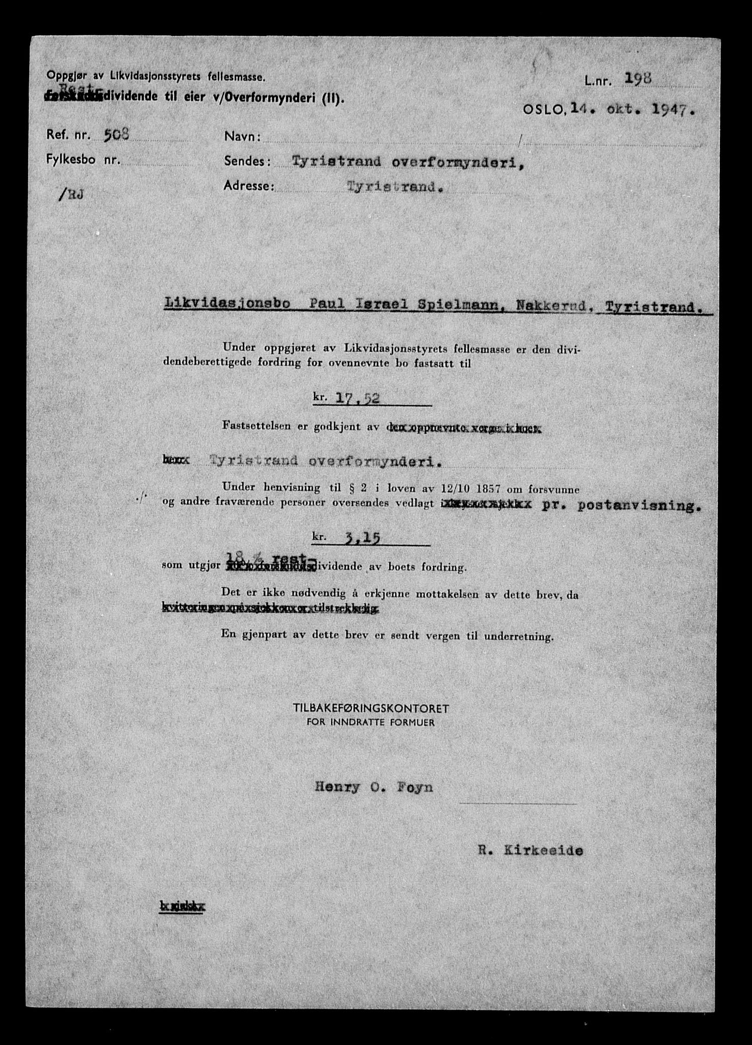 Justisdepartementet, Tilbakeføringskontoret for inndratte formuer, AV/RA-S-1564/H/Hc/Hcd/L1007: --, 1945-1947, p. 214