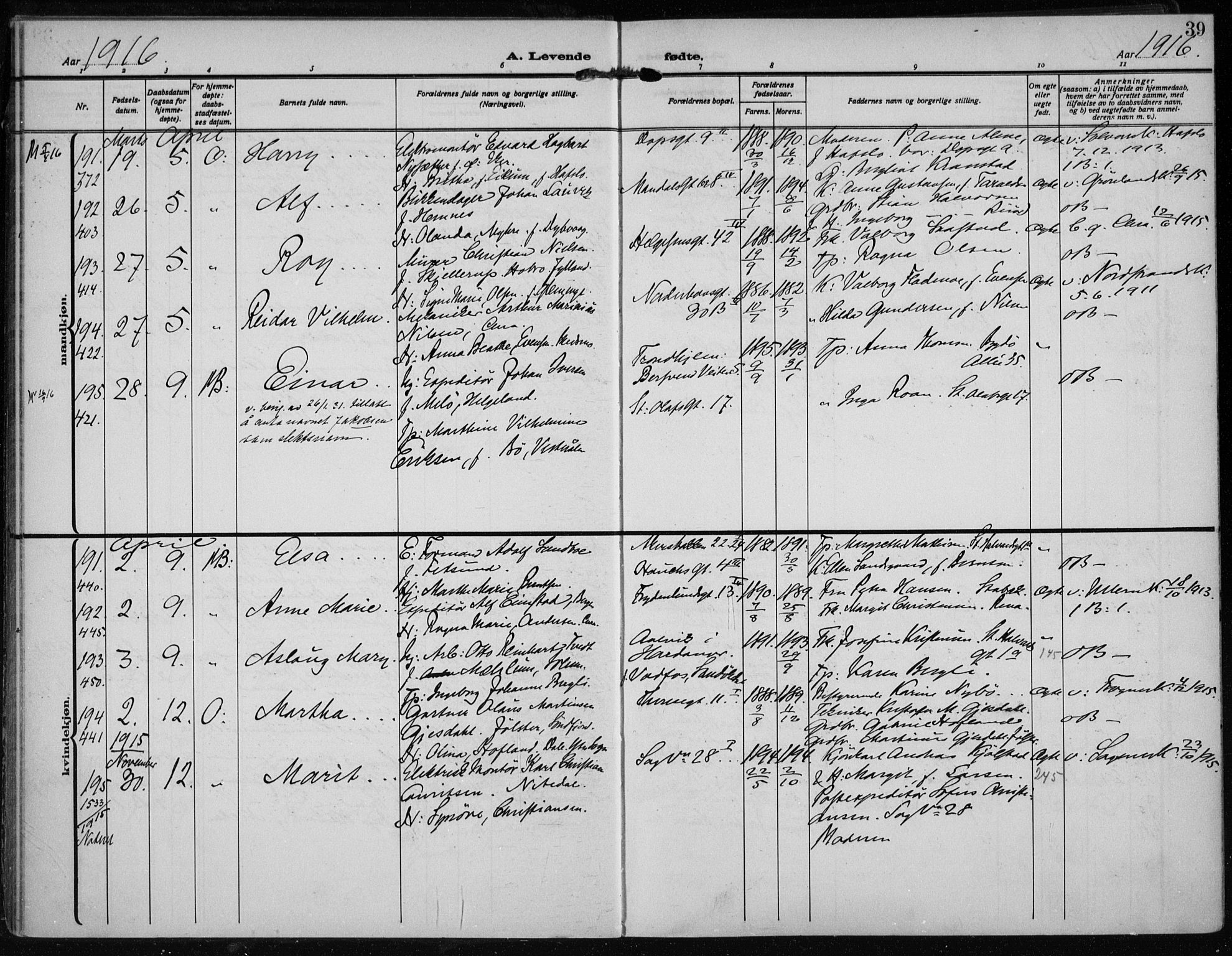 Rikshospitalet prestekontor Kirkebøker, AV/SAO-A-10309b/F/L0016: Parish register (official) no. 16, 1916-1918, p. 39