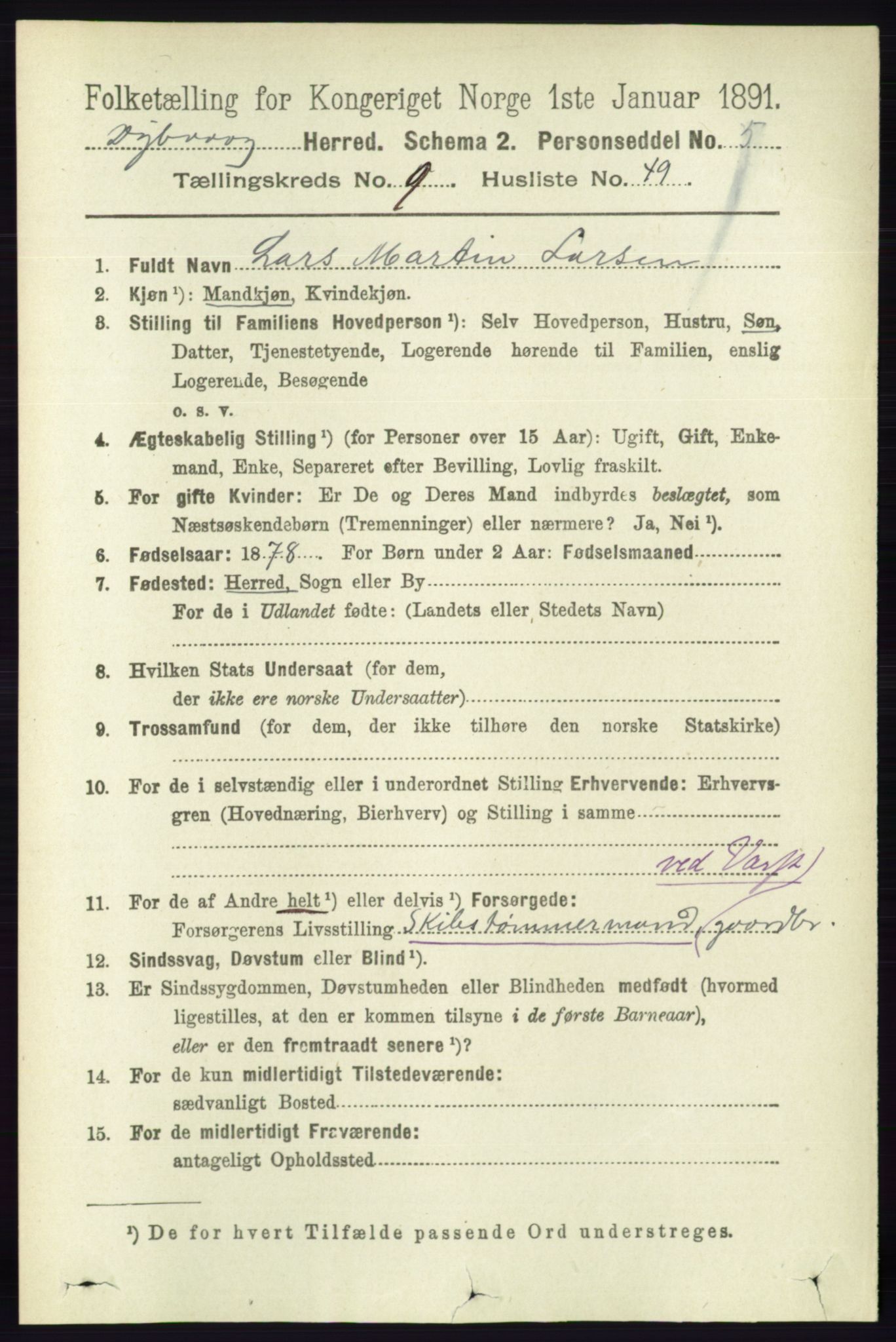 RA, 1891 census for 0915 Dypvåg, 1891, p. 3584