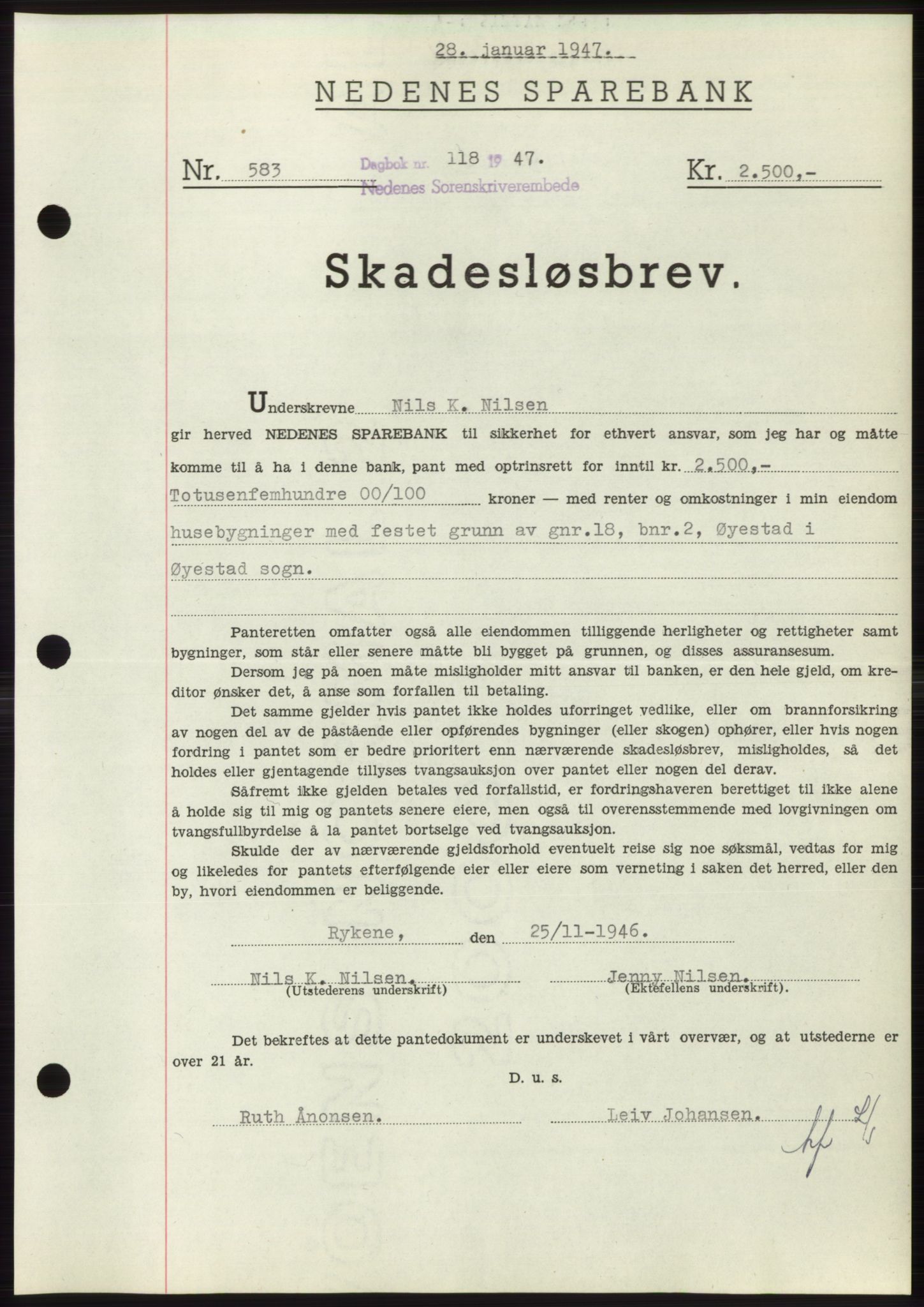 Nedenes sorenskriveri, AV/SAK-1221-0006/G/Gb/Gbb/L0004: Mortgage book no. B4, 1947-1947, Diary no: : 118/1947