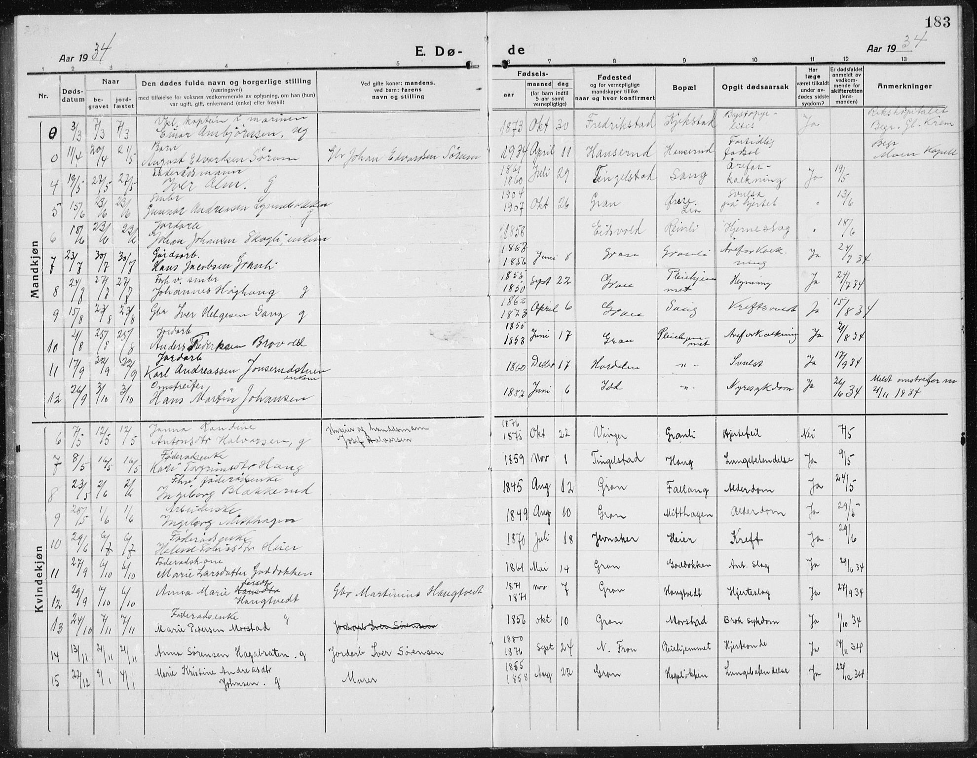 Gran prestekontor, AV/SAH-PREST-112/H/Ha/Hab/L0008: Parish register (copy) no. 8, 1917-1935, p. 183
